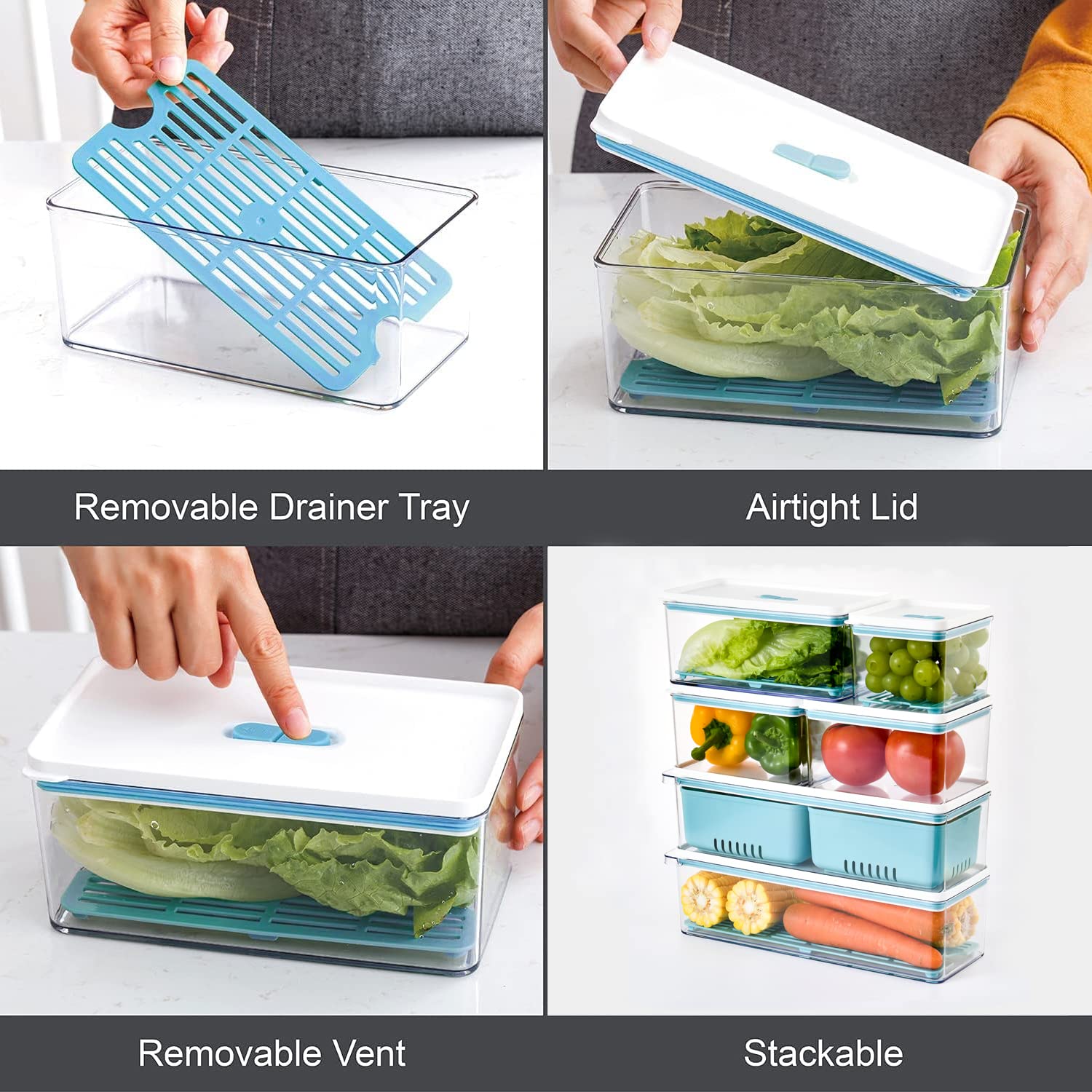 Stackable Refrigerator Organizer Bins with Removable Drain Tray - 6-Piece BPA-Free Food Storage Containers for Fruits, Vegetables & Pantry Organization - Perfect for Kitchen, Fridge & Cabinet Storage (Blue)