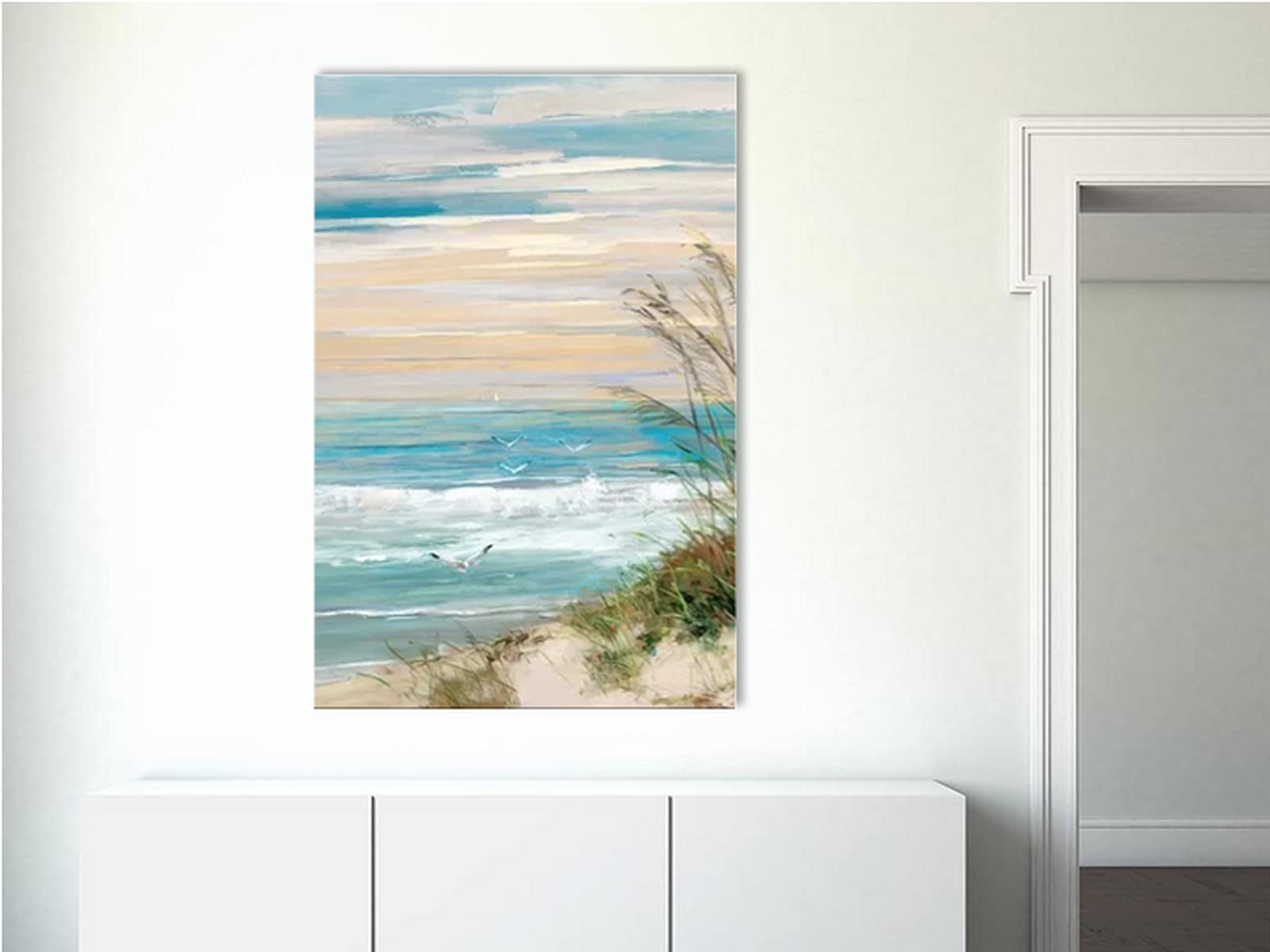 TIMUBA Beach Canvas Wall Art - 'Beach at Dusk' Seascape Painting | Framed Coastal Artwork for Bathroom & Home Decor | Ready to Hang 28x40 Inch | Perfect for Living Room, Bedroom & Beach House Decor