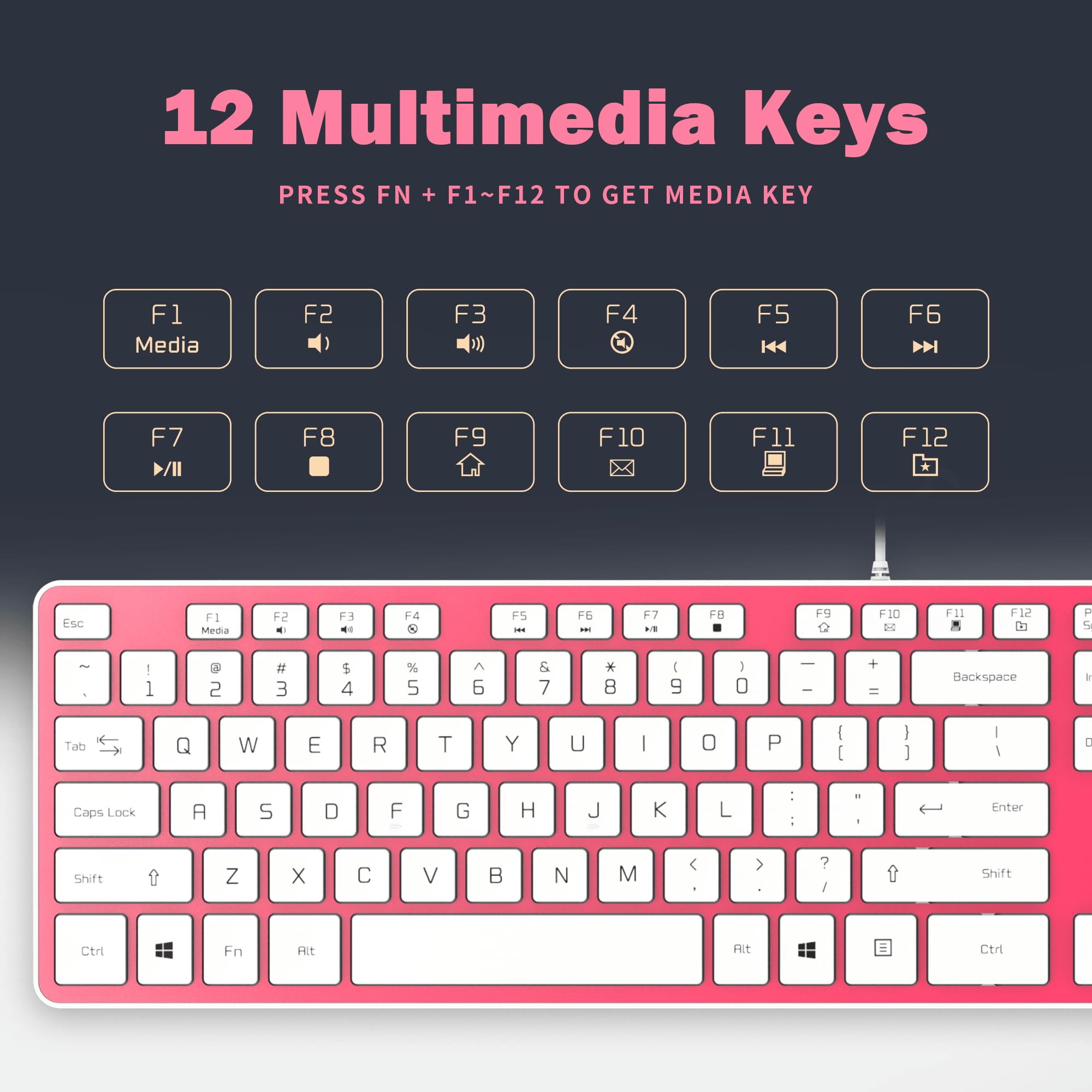 Ultra-Slim Wired USB Keyboard with Quiet Chocolate Keys - Ergonomic QWERTY Computer Keyboard for PC (Windows 11/10/8/7/XP/Vista) - Durable & Comfortable Typing for Office, Gaming & Home Use - KB1430 Pink