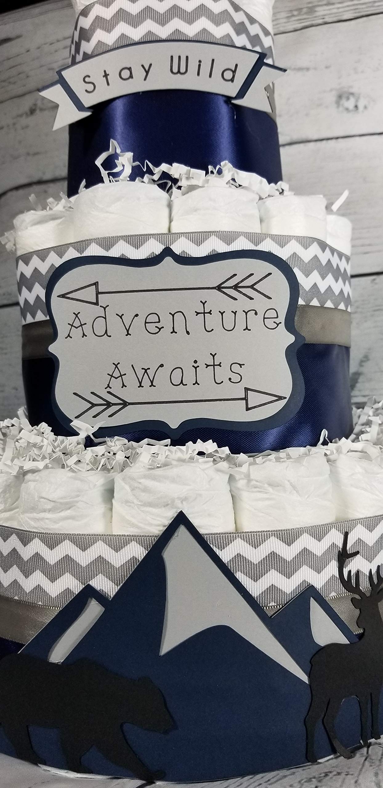 3 Tier Mountain Diaper Cake for Baby Shower - Blue Boy Baby Shower Gift, Diaper Tower Centerpiece for Nursery Decor & Gender Reveal Party