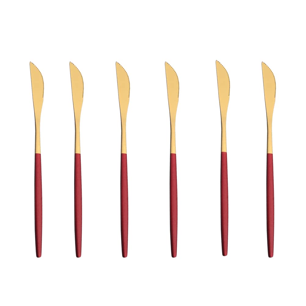 Premium 18/10 Stainless Steel Steak Knife Set - 6-Piece Mirror Finish Flatware with Red Gold Handle (8.66