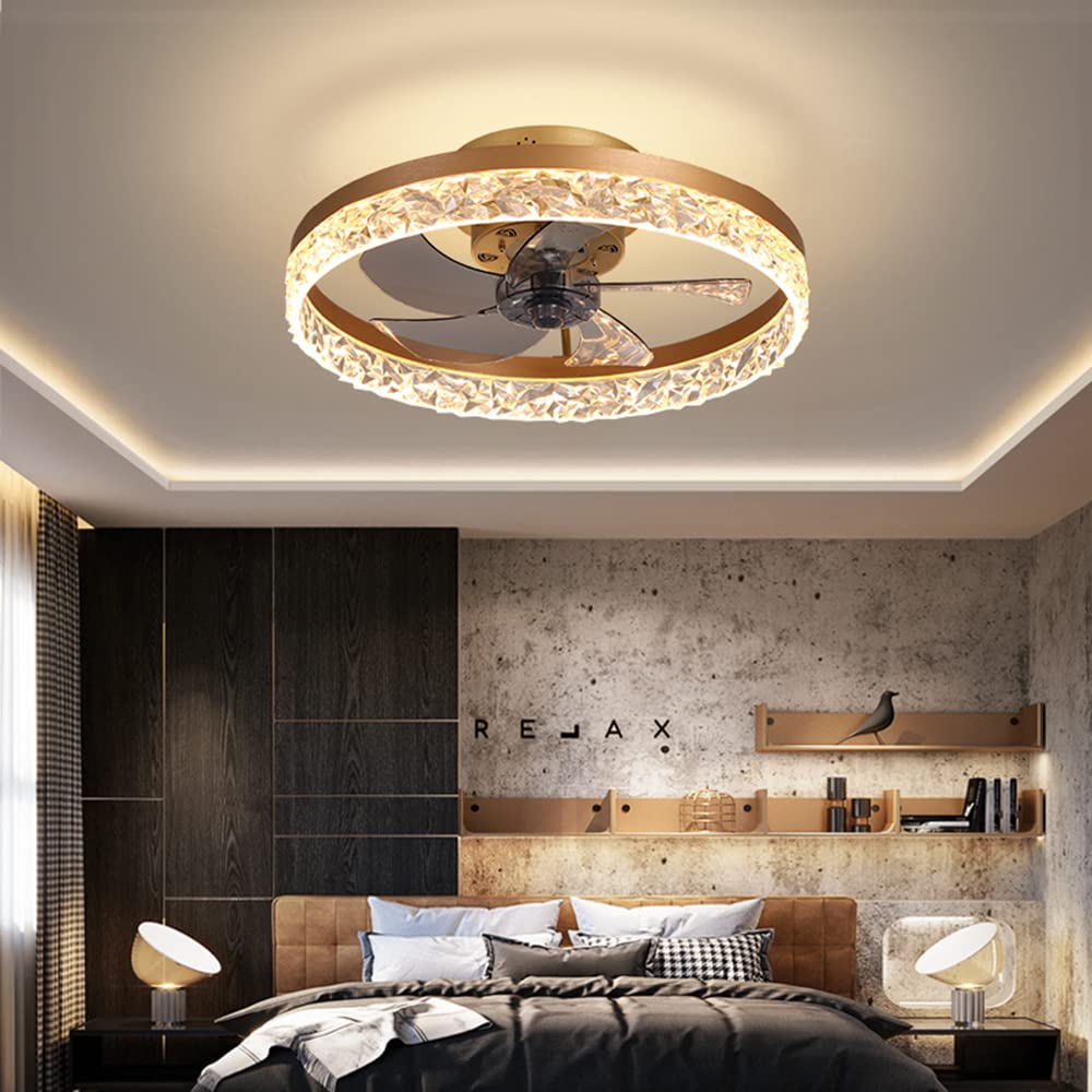 Modern Luxury LED Ceiling Fan with Remote - Dimmable Flush Mount Light & Acrylic Shade for Living Room, Bedroom, Hotel (110V-120V, Gold) - Perfect for Home Cooling and Stylish Interior Lighting