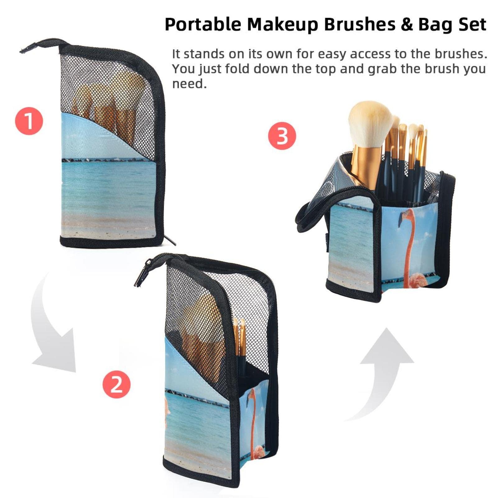 Portable Makeup Brush Organizer Bag with 12 Slots - Tropical Flamingo Beach Design | Perfect for Travel, Home Storage & Makeup Artist Kits