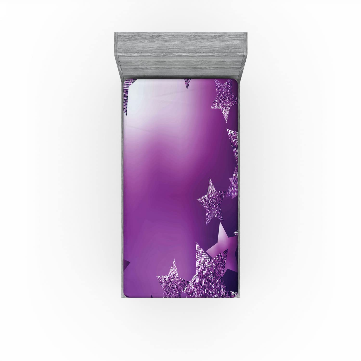 Ambesonne Christmas Fitted Sheet - Xmas Stars & Vibrant Fractal Squares Abstract Design - Deep Pocket Twin XL Bed Sheet - Purple Holiday Bedding for Guest Rooms & Seasonal Decor