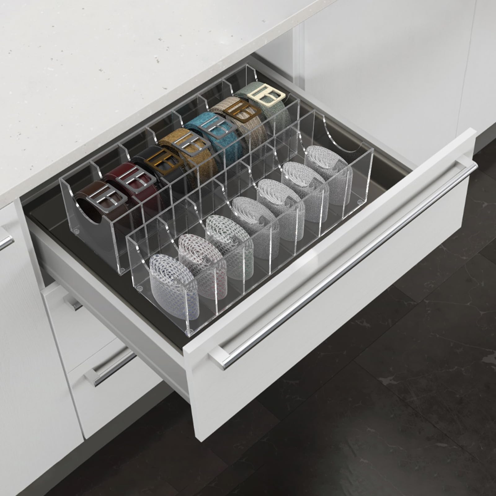 Acrylic Belt Organizer for Closet & Drawer - 7 Compartment Clear Tie Rack Storage for Men | Wall Mount Belt Holder for Bow Ties, Cosmetics, Bracelets & Jewelry - Perfect for Bedroom Closet Organization & Accessory Display