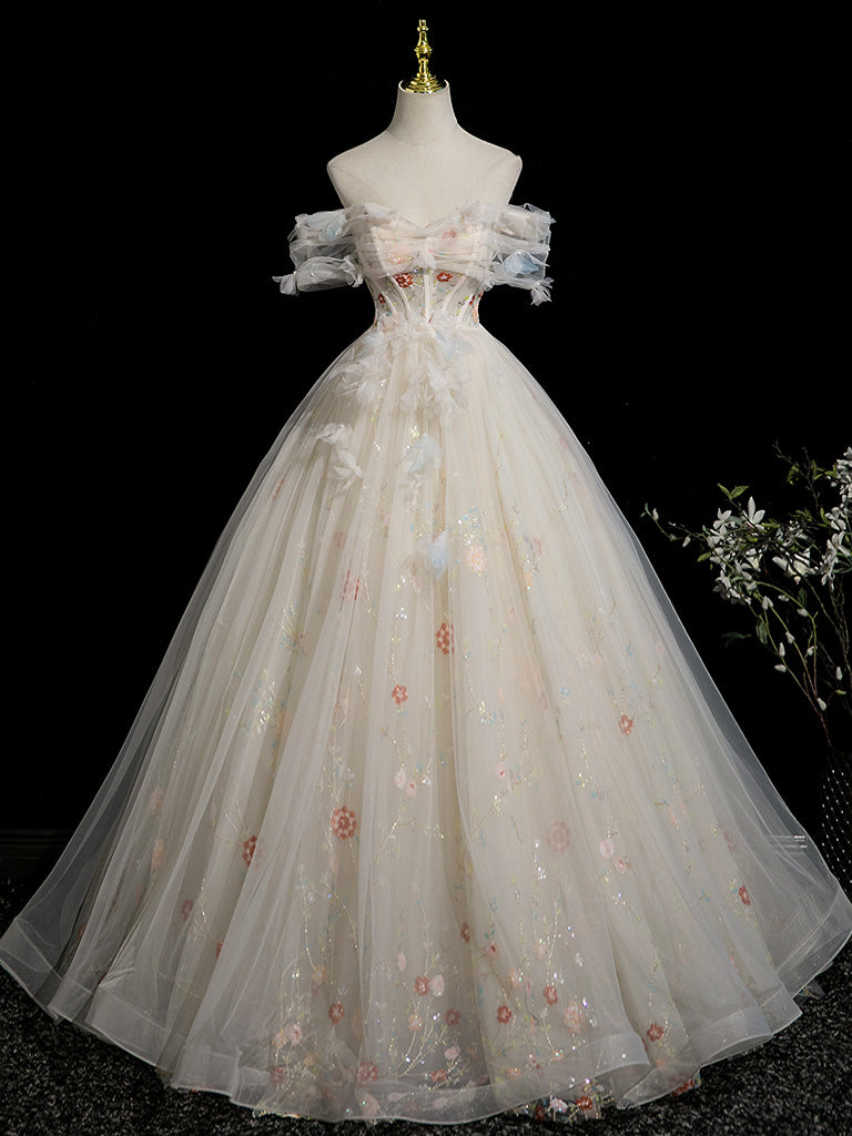 Elegant A-Line Sweetheart Neck Tulle Lace Light Champagne Long Prom Dress with Floral Details - Perfect for Homecoming, Formal Dances & Special Occasions
