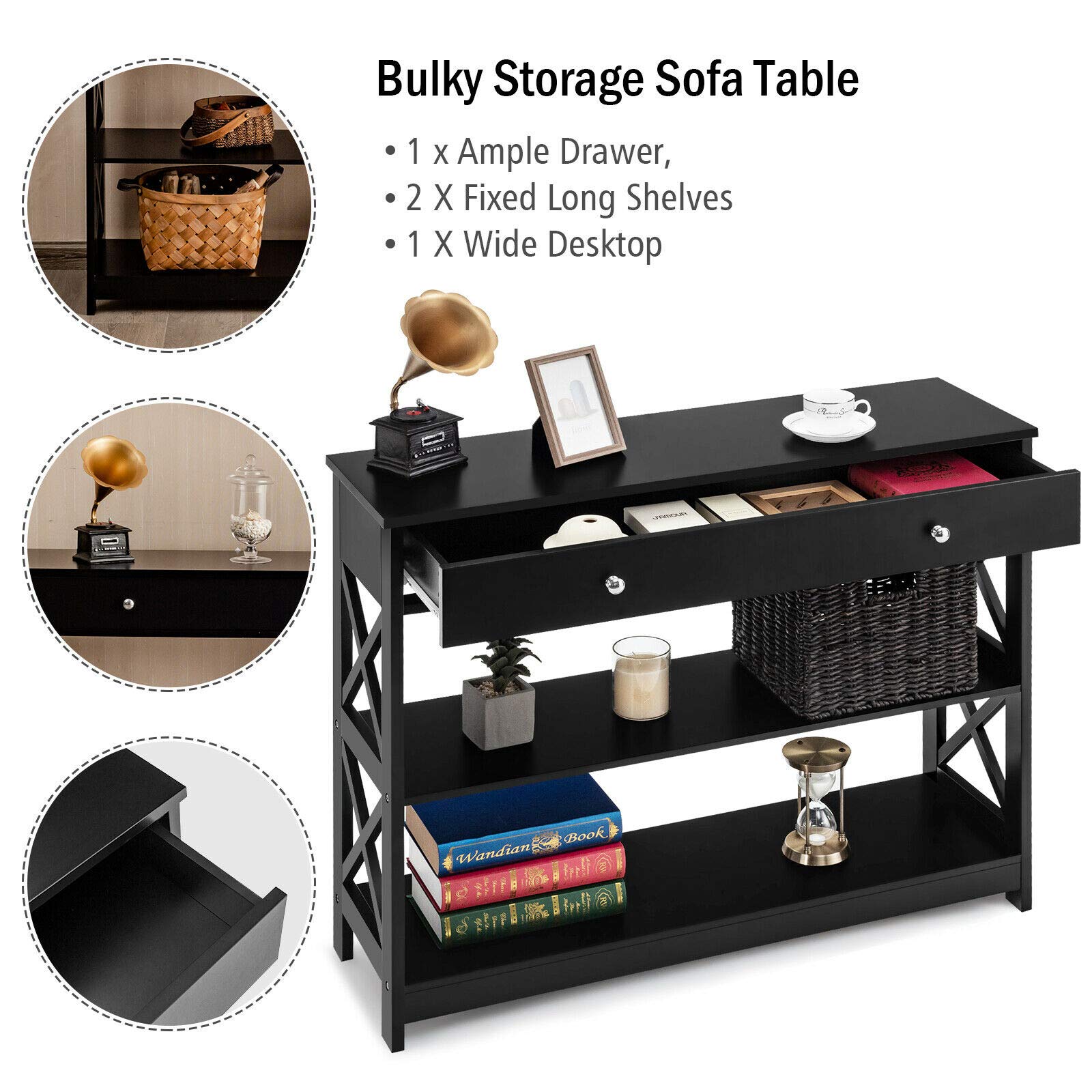 Modern Style Console Table with Storage Drawers & Shelves - Sturdy Durable Sofa Accent Desk for Living Room, Hallway, Entryway - Perfect for Home Decor & Organization (Black)