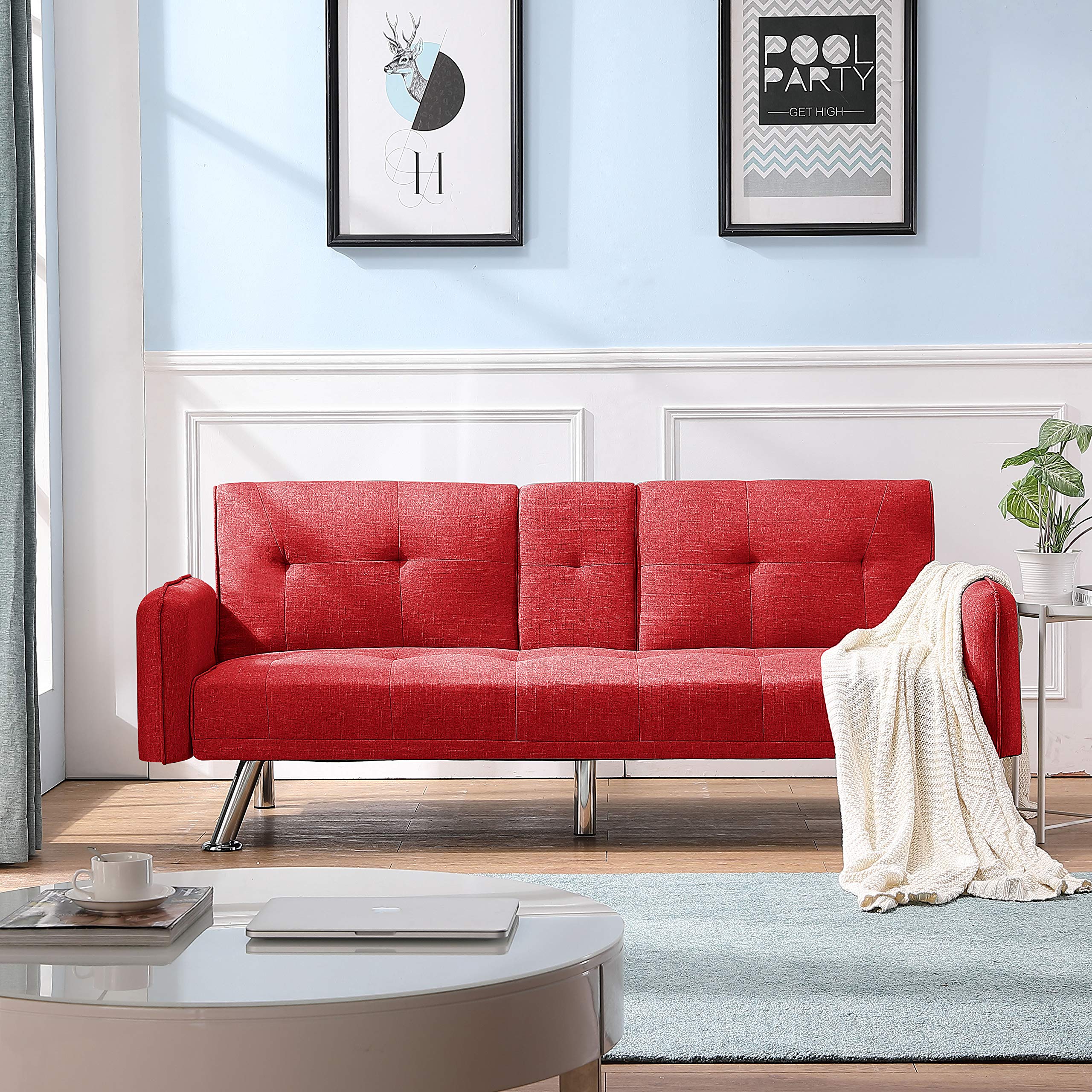 Convertible Sleeper Sofa Bed Twin Size - Modern Futon Couch for Living Room, Apartment & Dorm - Red Fabric Sofa Bed with Easy Pull-Out Mechanism | Perfect for Small Spaces, Guest Rooms & Studio Apartments