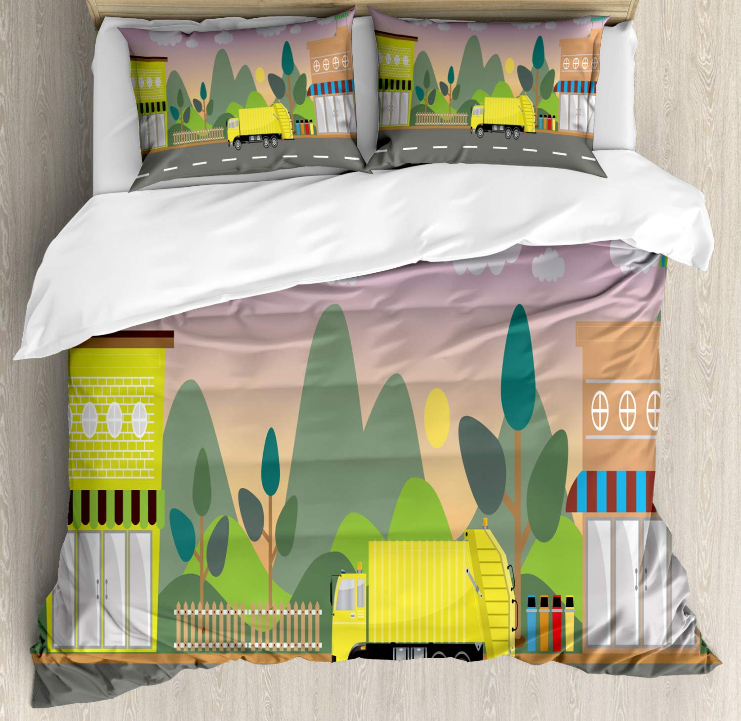 Ambesonne Garbage Truck Duvet Cover Set - King Size 3-Piece Bedding with 2 Pillow Shams | City Waste Machine Transport Design for Eco-Friendly Home Decor | Perfect for Kids' Rooms, Themed Bedrooms & Truck Enthusiasts