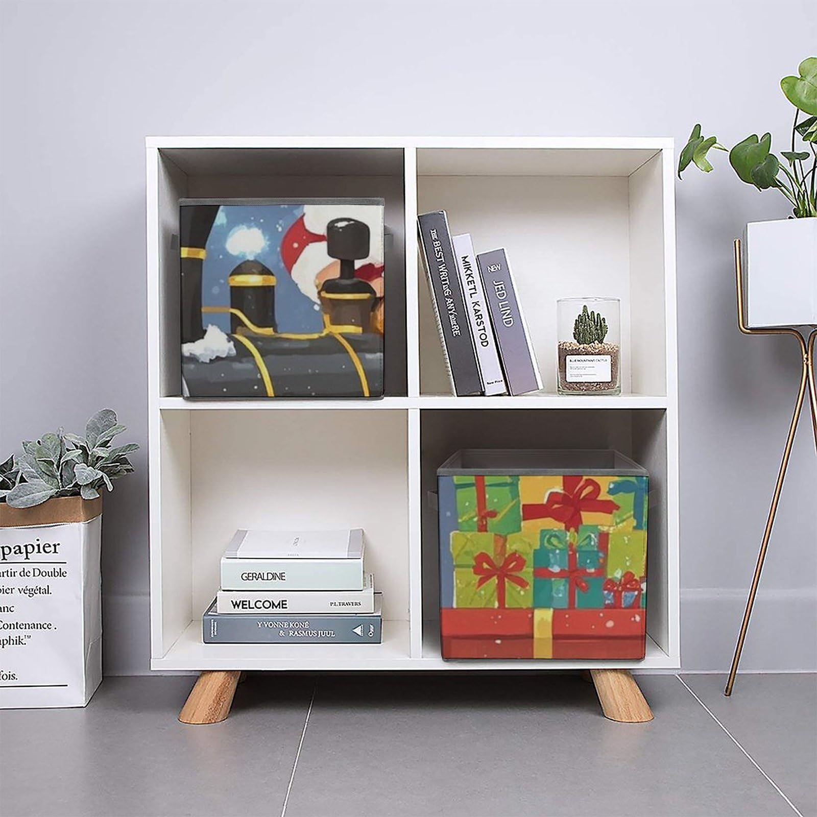 10.6 Inch Collapsible Storage Bins with Handles - Foldable Fabric Organizer Bins for Closet, Shelves, Office & Toys - Perfect for Home Organization, Kids Room Storage & Holiday Decor (Santa's Train Design)