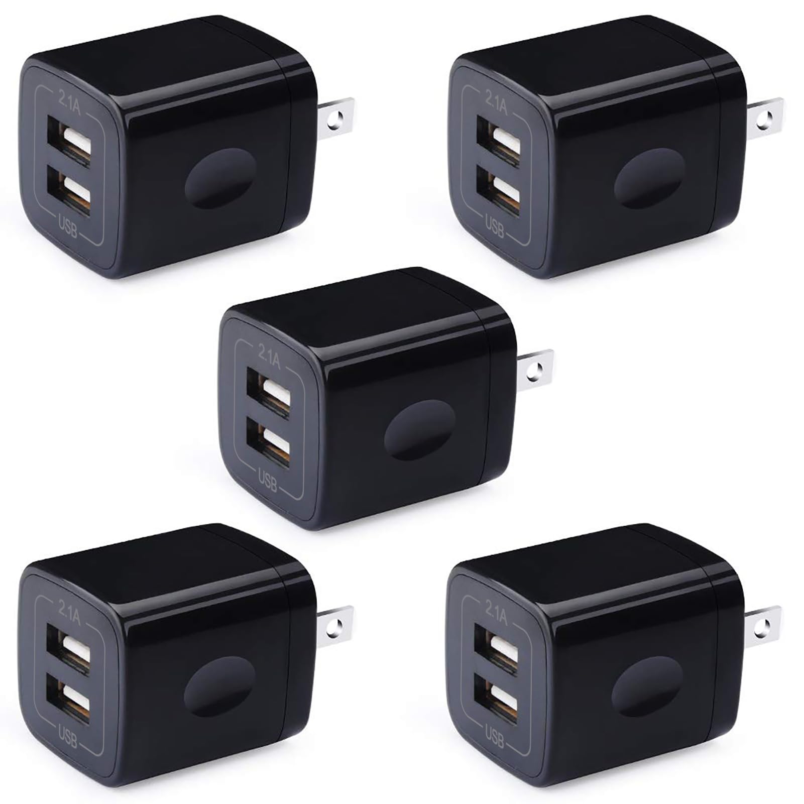 5-Pack 2.1A Dual Port USB Wall Charger - Fast Charging Cube Power Adapter for iPhone 15/14/13/12/11/XS/XR/X, iPad, Samsung Galaxy S24/S23/S22/S21/S20/A54/A14/A15/A25 & Google Pixel 8/7/6 Pro/7a/6a | Home, Office & Travel Charging Solution