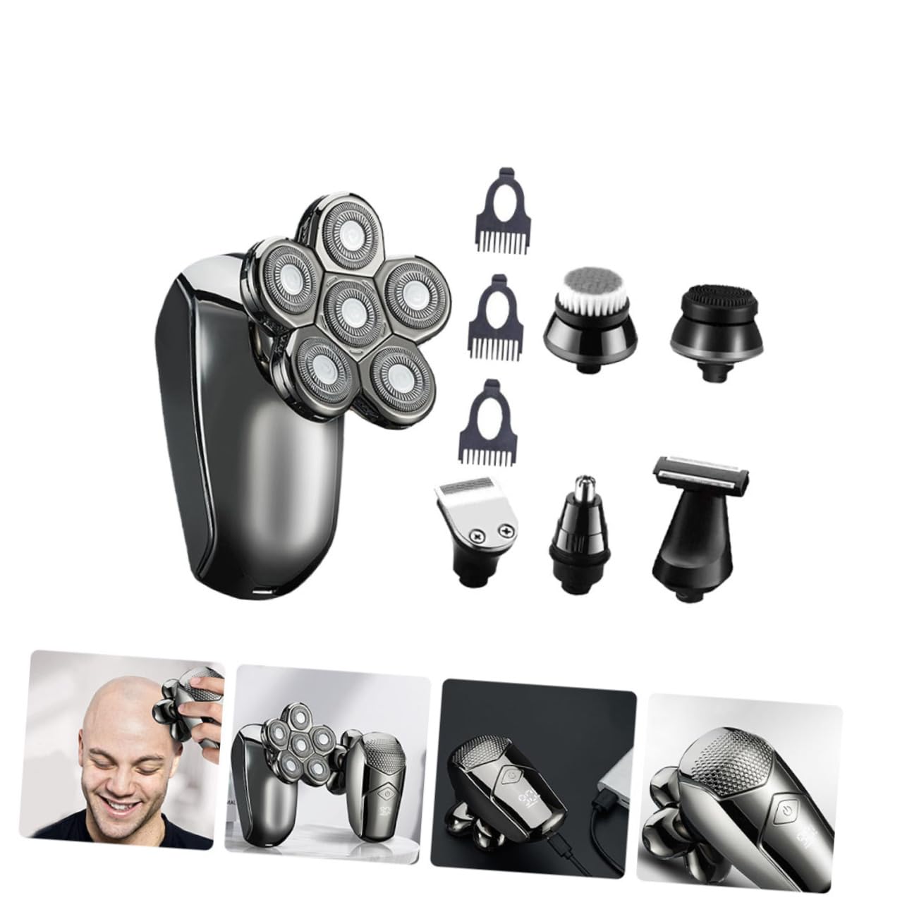 IPetBoom 6-in-1 Electric Shaver for Men - Nose & Beard Trimmer, Body Groomer, Waterproof Razor with 6 Heads, Silver ABS Design - Perfect for Travel, Gym & Daily Grooming