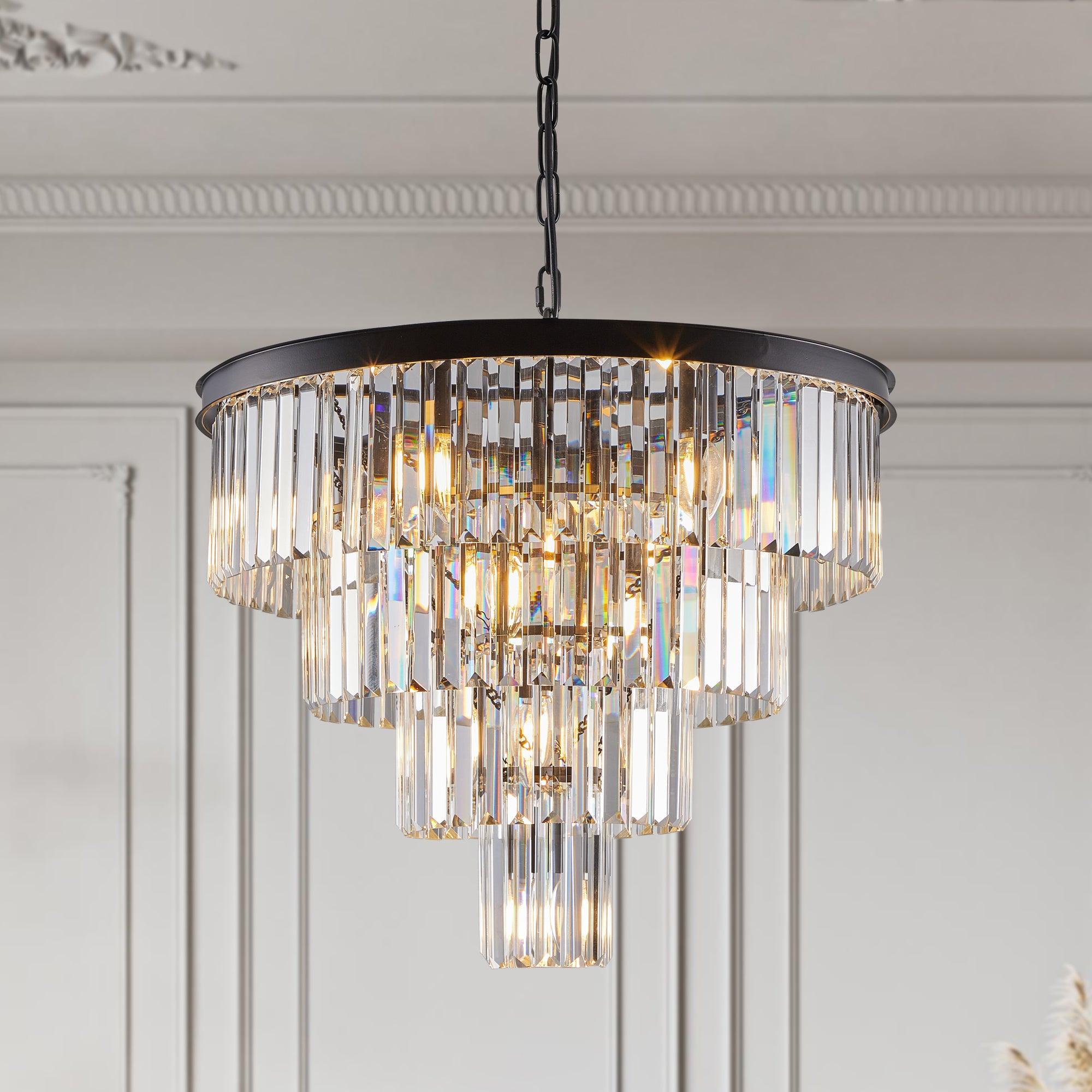Modern Crystal Chandelier - 4 Tier Black Ceiling Light Fixture for Dining Room, Living Room, Bedroom | Elegant Contemporary Lighting Design (Bulbs Not Included) | Perfect for Home Decor, Wedding Venues & Luxury Interiors