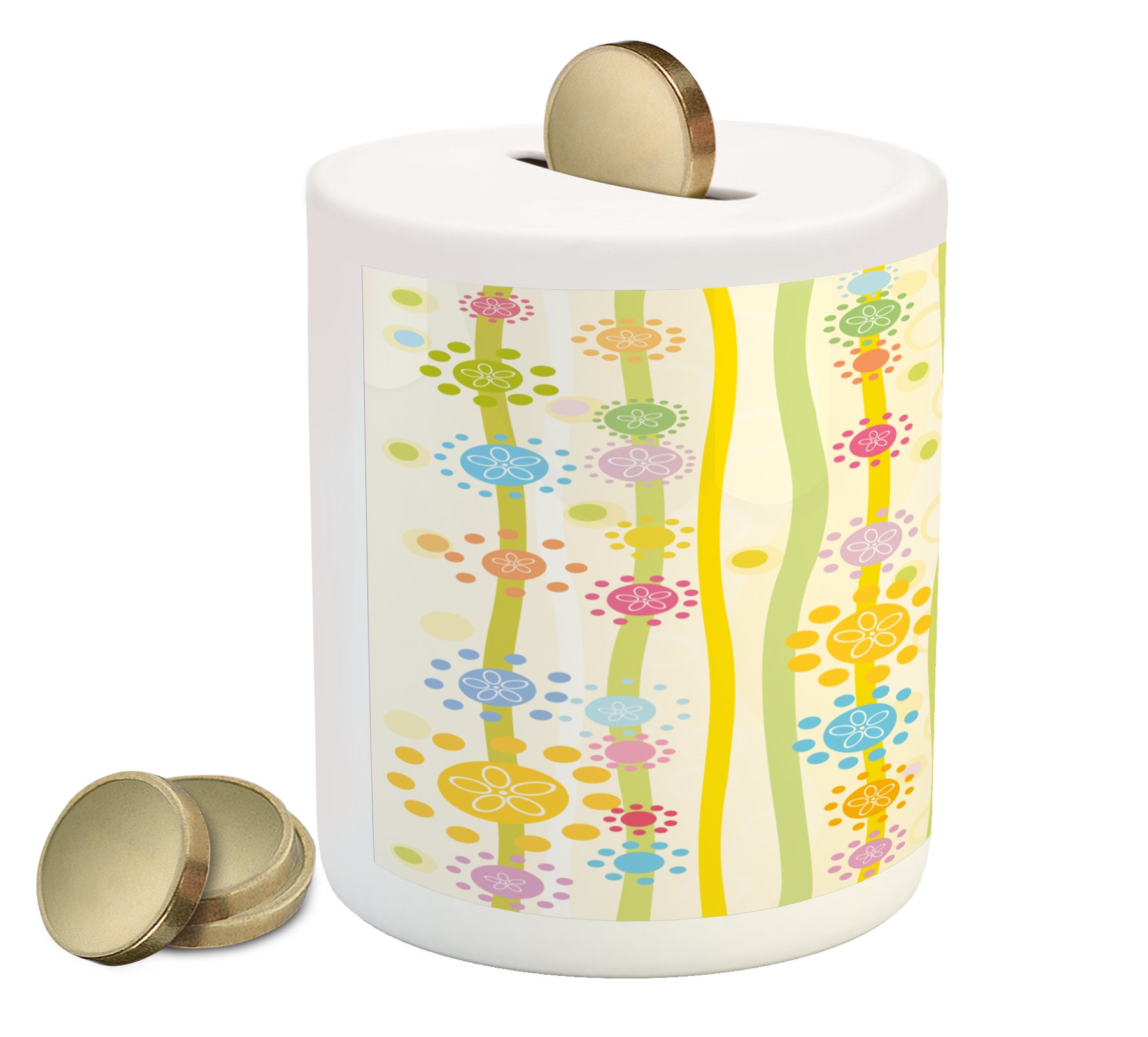 Ambesonne Floral Ceramic Piggy Bank - Colorful Cartoon Style Flowers & Dots Design - 3.6