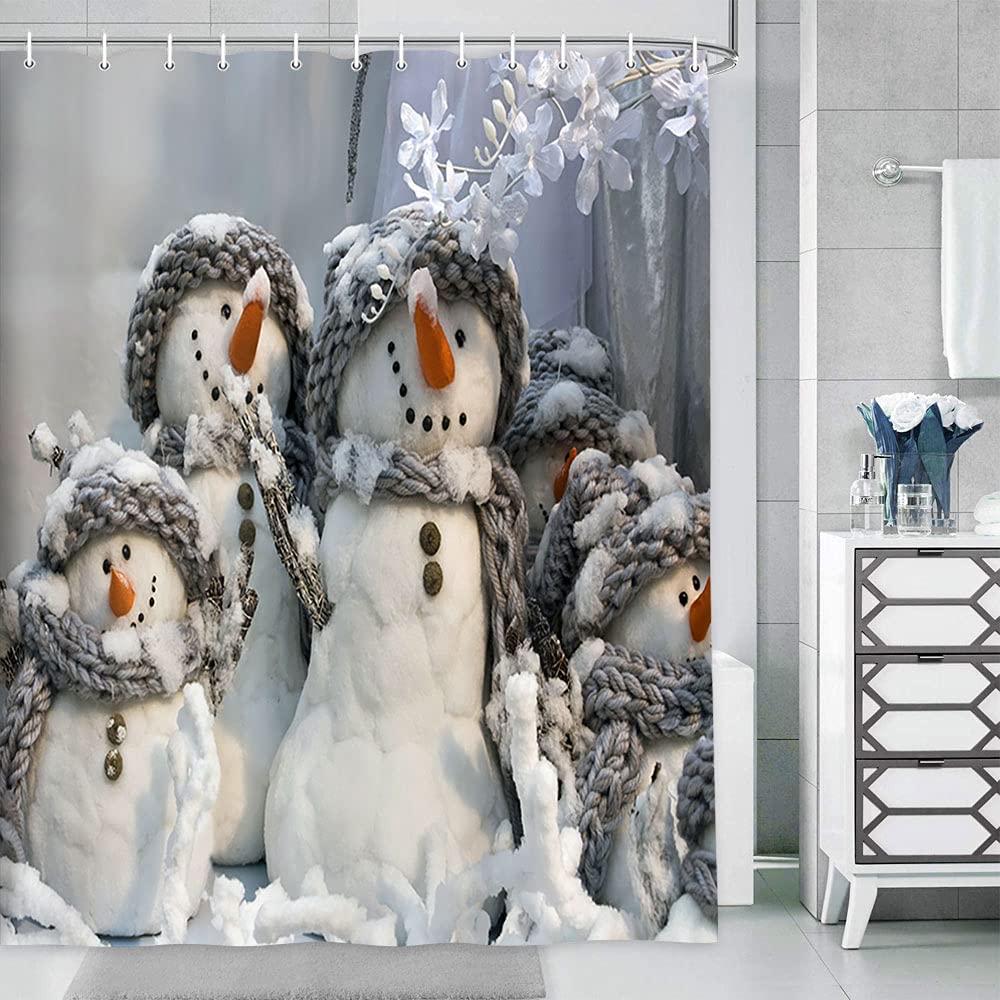 Funny Retro Christmas Snowman Shower Curtain - Waterproof Polyester Fabric Bath Curtain with Hooks, Cute Winter Holiday Bathroom Decor for Kids (Gray) - Perfect for Xmas Bathroom Decorations & Festive Home Styling
