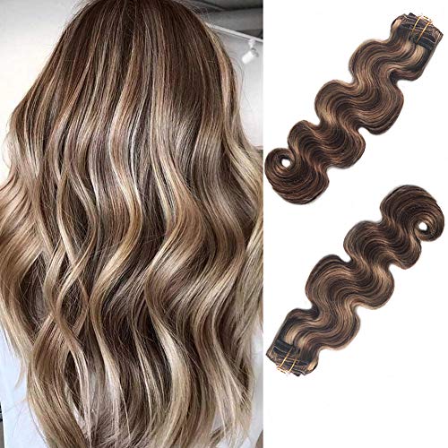 Clip In Hair Extensions 20 Inch Human Hair - Dark Medium Brown with Strawberry Blonde Highlights | 8-Piece Full Head Set (160g) | Natural Looking Volume for Daily Wear, Parties & Special Occasions