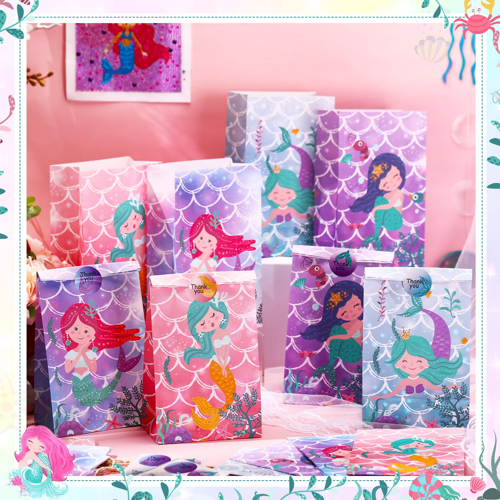 24 Pack Mermaid Party Favor Gift Bags for Girls - Mermaid Themed Birthday Party Supplies with Stickers - Perfect for Kids Birthday Parties, Baby Showers & Mermaid Decorations