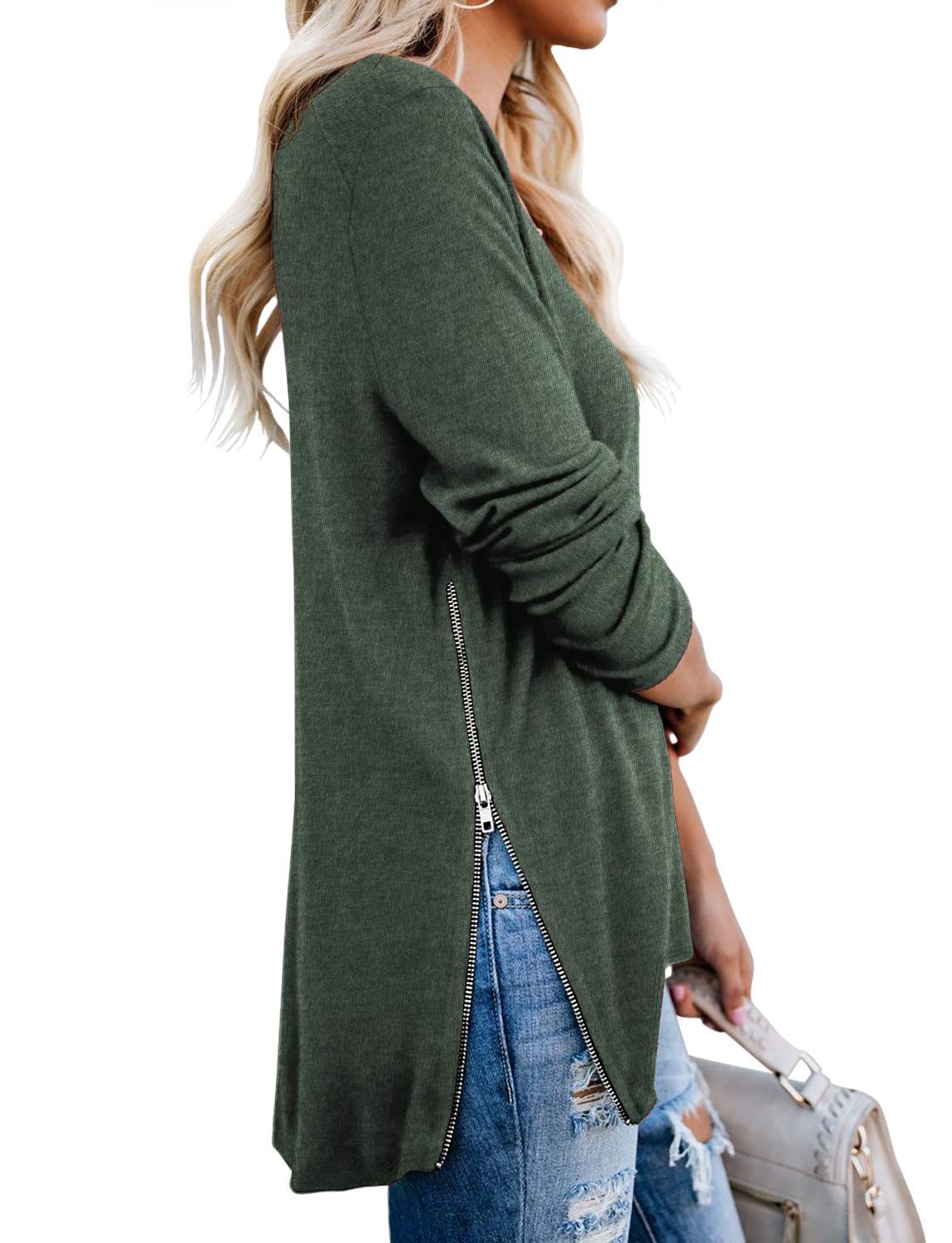 PrinStory Women's V-Neck Raglan Sweatshirt with Side Zipper - Casual Long Sleeve Tops for Everyday Wear