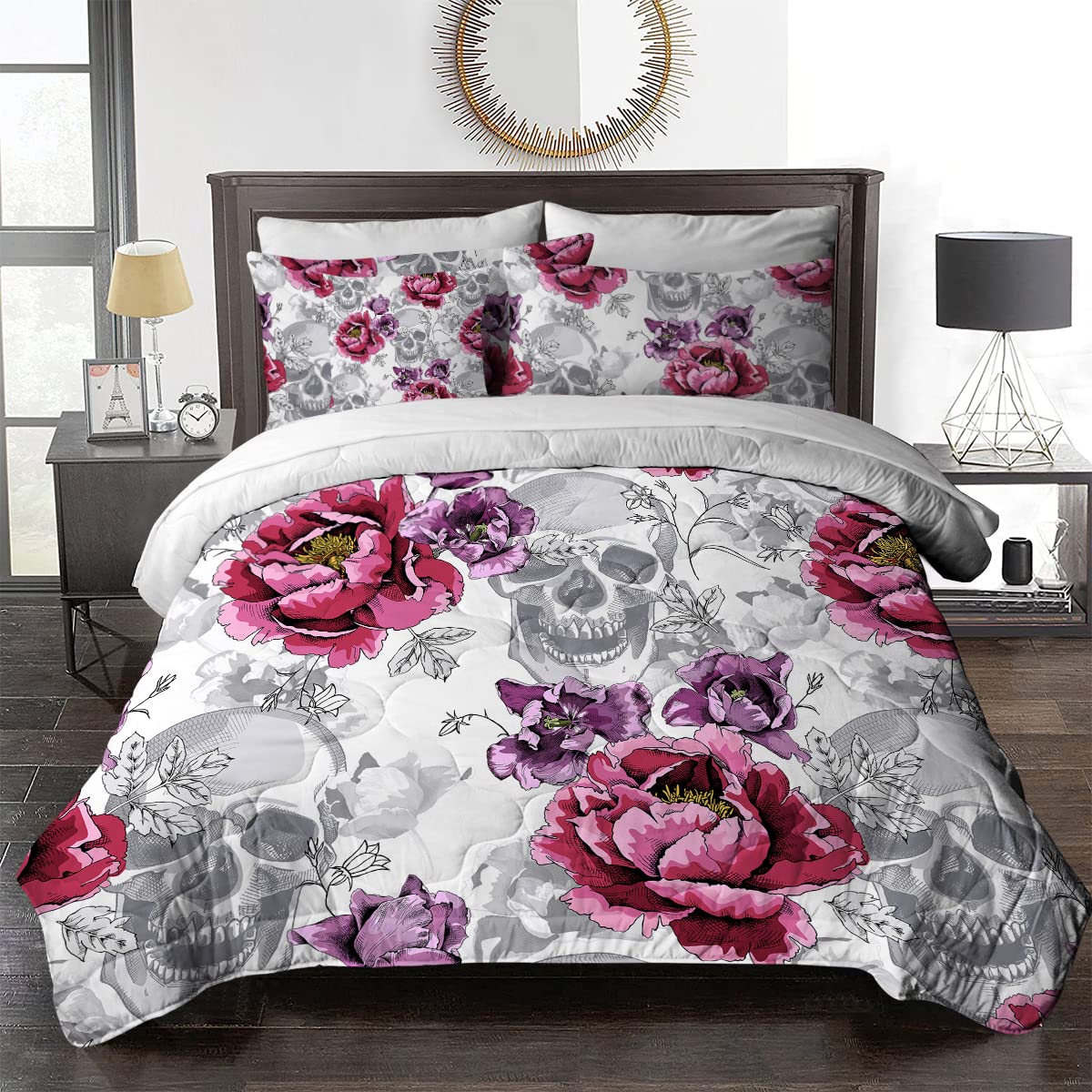 BlessLiving 8-Piece Full Size Sugar Skull Comforter Set - Rose Grey Gothic Bedding for Kids & Boys, All-Season Down Alternative Bed in a Bag with Sheets | Perfect for Halloween, Teen Bedrooms & Themed Decor