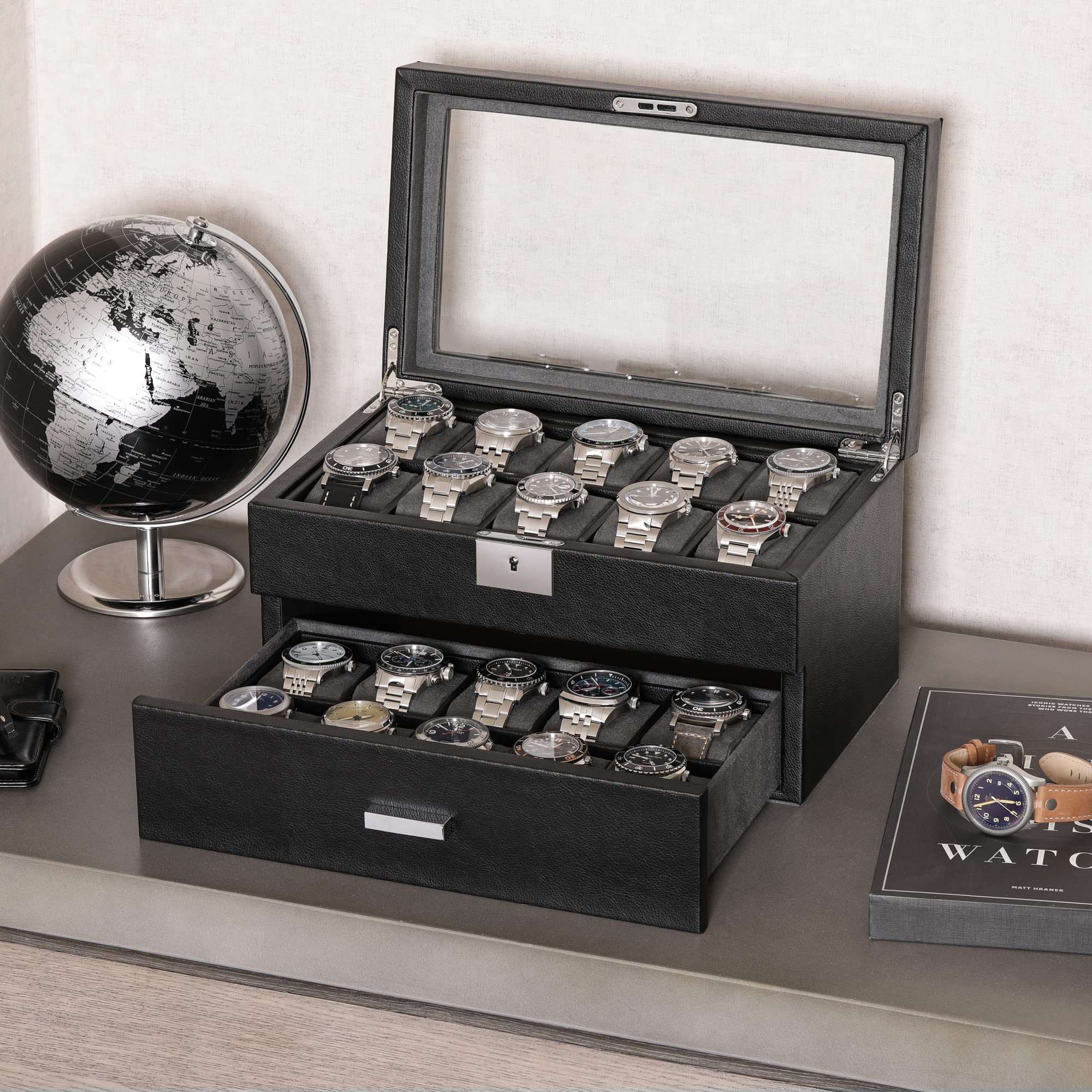 ROTHWELL 20 Slot Leather Watch Box - Premium Jewelry Organizer with Locking Display Case & Real Glass Top - Luxury Watch Storage for Men & Women (Black/Grey) - Perfect for Home, Office & Travel Accessory Organization