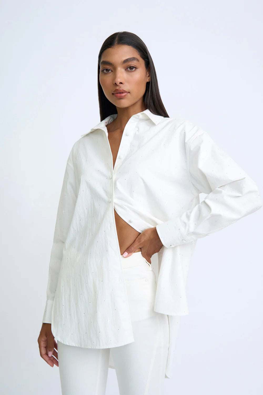 DIAMANTE SPOT SHIRT IVORY - Elegant Women's Blouse with Rhinestone Details for Party, Wedding & Special Occasions