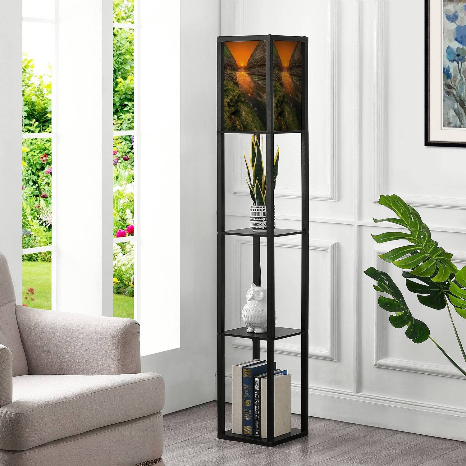 Modern Wood Floor Lamp with Shelves - Tall Standing Light with Linen Shade for Living Room & Bedroom - Davenport Beach Inspired Home Decor Near San Francisco - Perfect for Reading Nook, Office Lighting or Cozy Corner Ambience