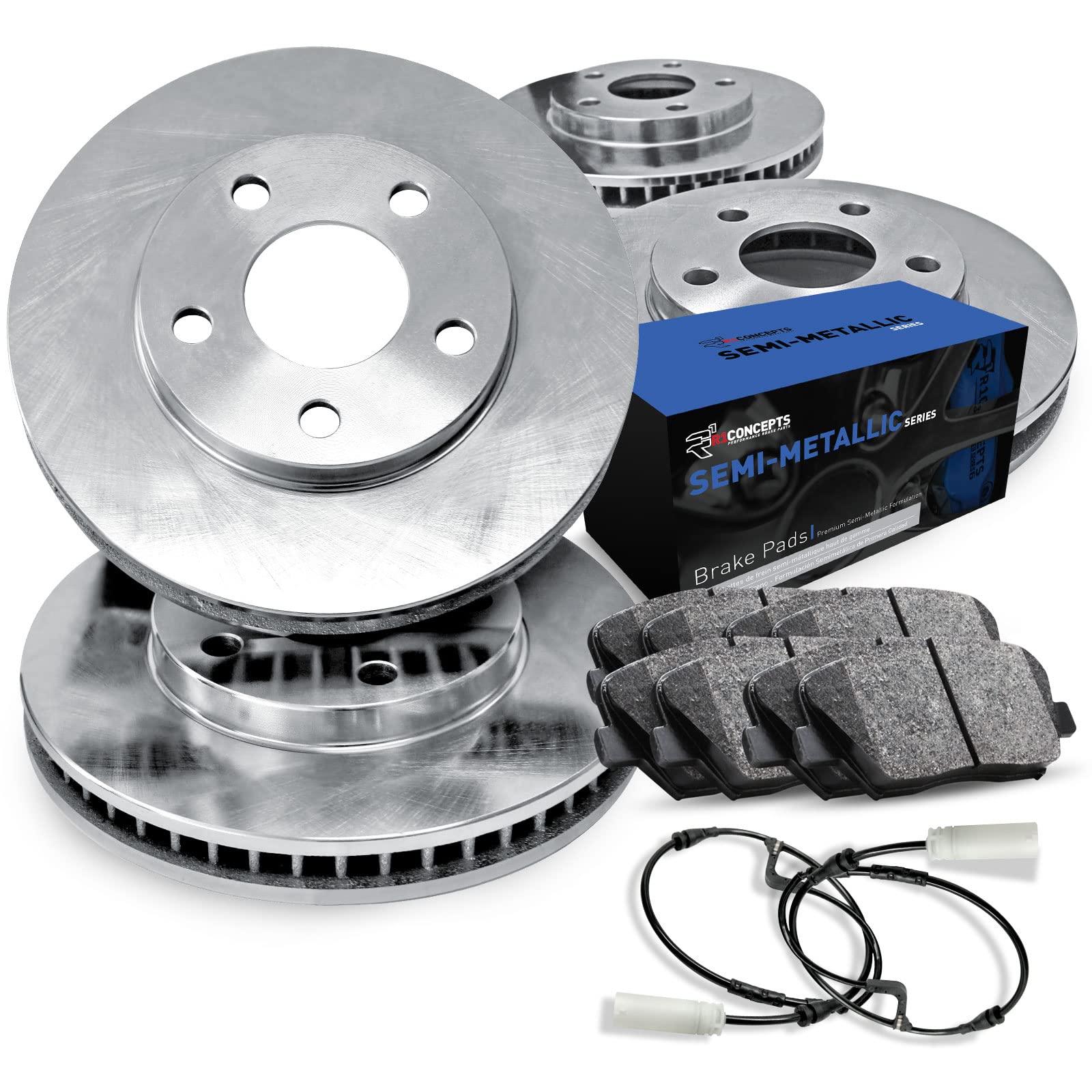 R1 Concepts Complete Front & Rear Brake Kit - Semi-Metallic Brake Pads & Rotors with Sensor | Fits 2012-2018 Jeep Wrangler & Wrangler JK | Enhanced Stopping Power for Off-Road & Daily Driving