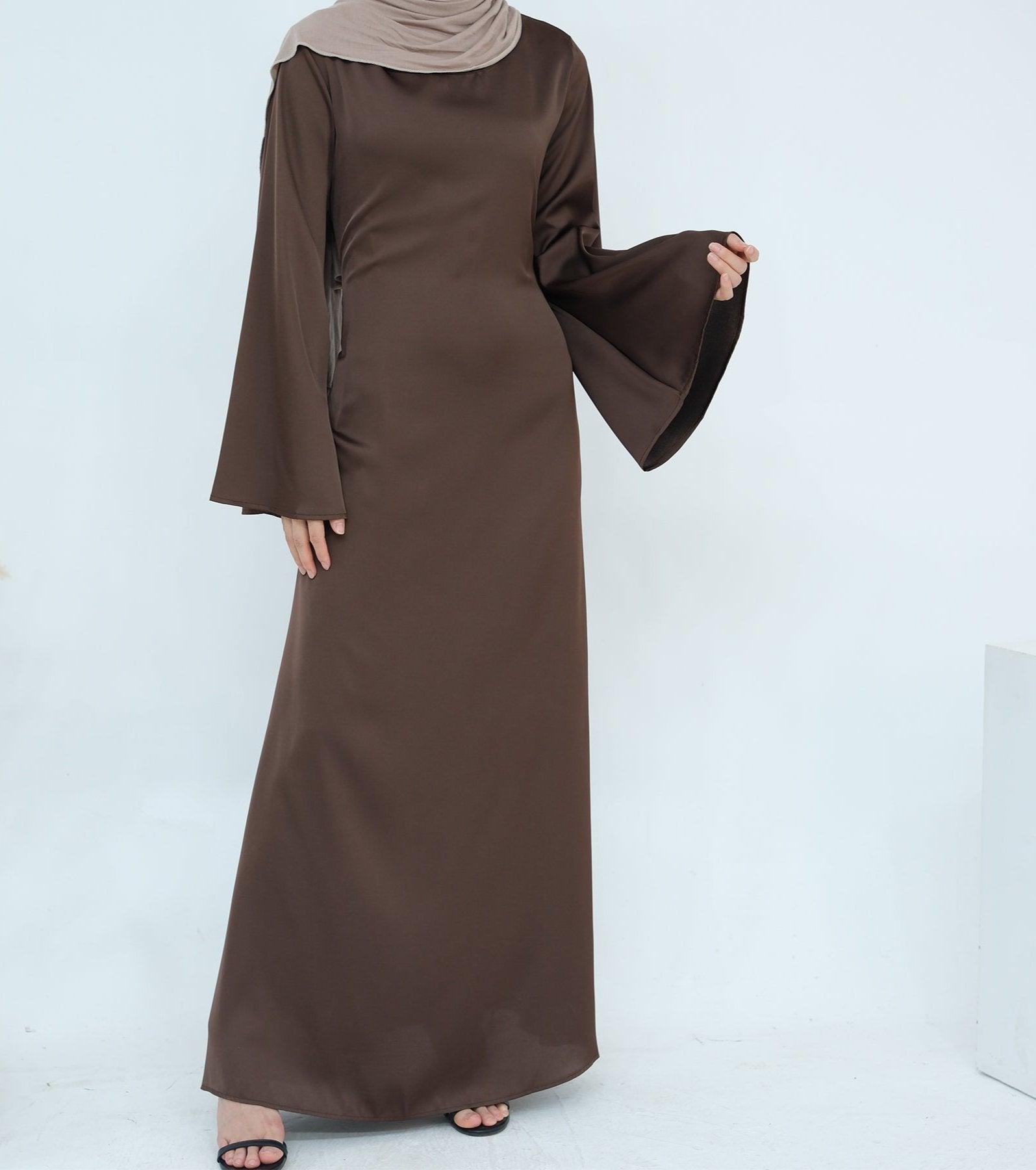 Elegant Calista Trumpet Sleeves Satin Dress in Brown - Perfect for Weddings, Parties & Special Occasions