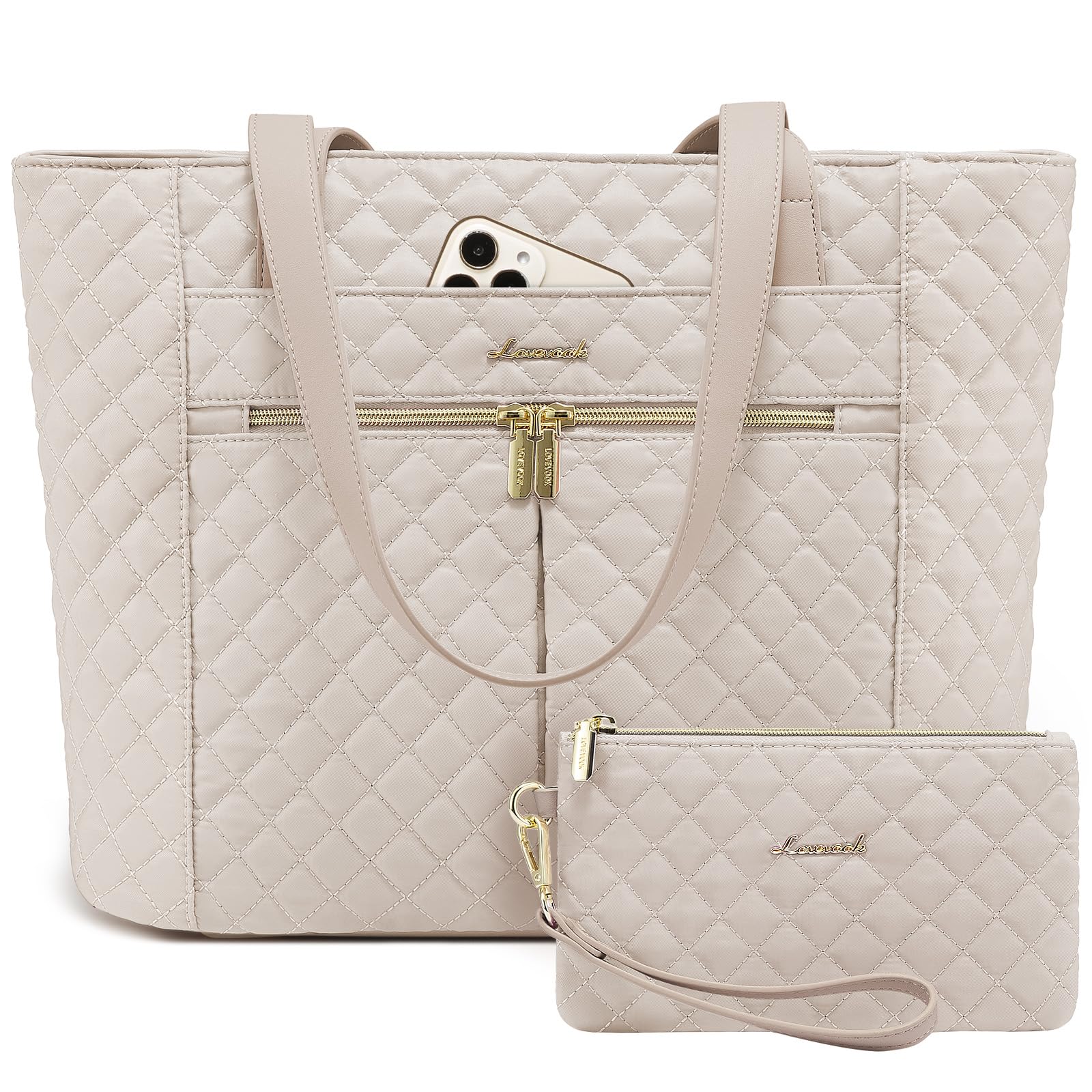 LOVEVOOK 15.6 Inch Diamond Quilted Laptop Tote Bag for Women - Stylish Work & Travel Shoulder Bag with Clutch Purse - Perfect for Office, Business Meetings & Commuting (Nude)