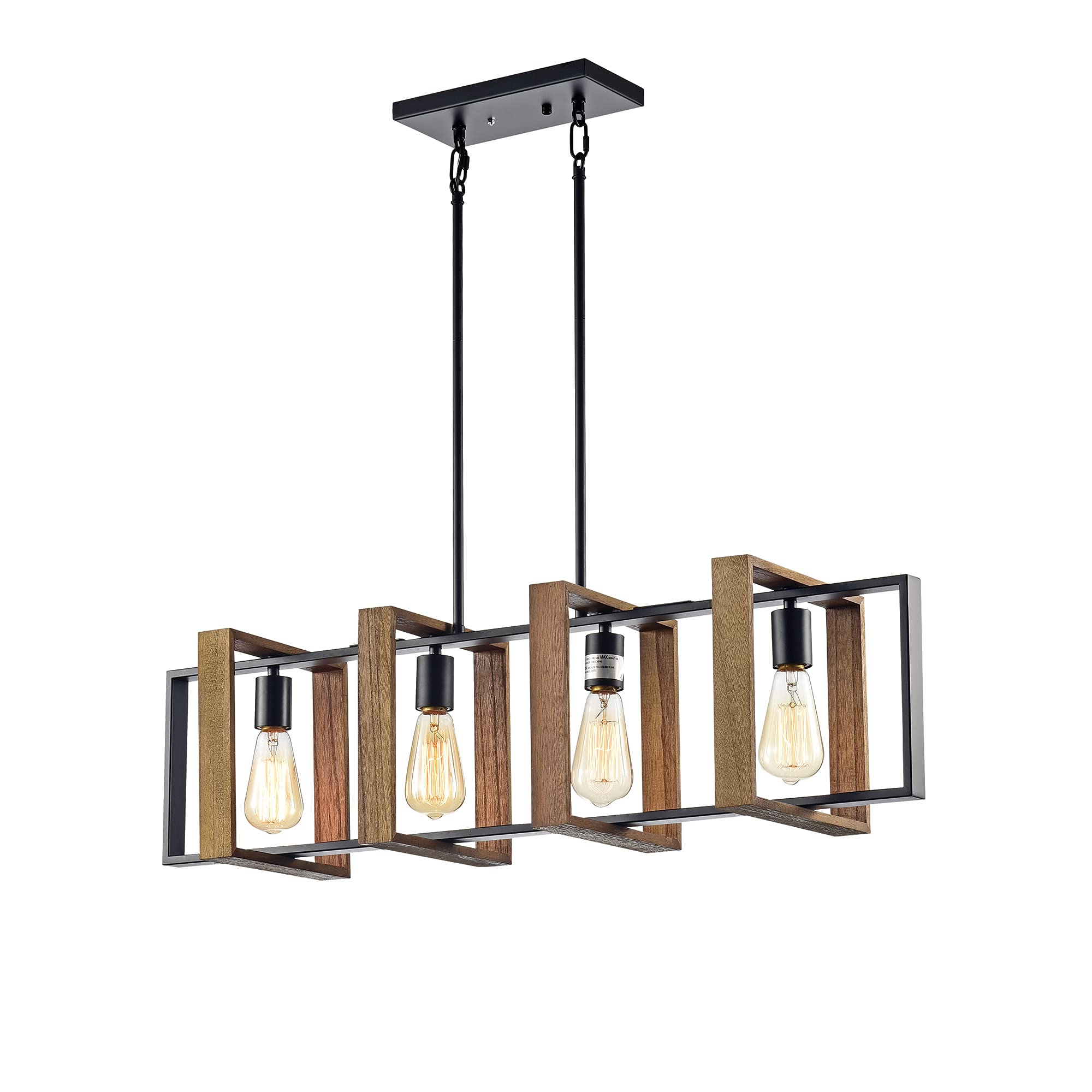 Modern 4-Light Matte Black & Wood Linear Chandelier with Exposed Edison Bulbs - Farmhouse Dining Room Lighting for Kitchen Island, Entryway, or Living Room