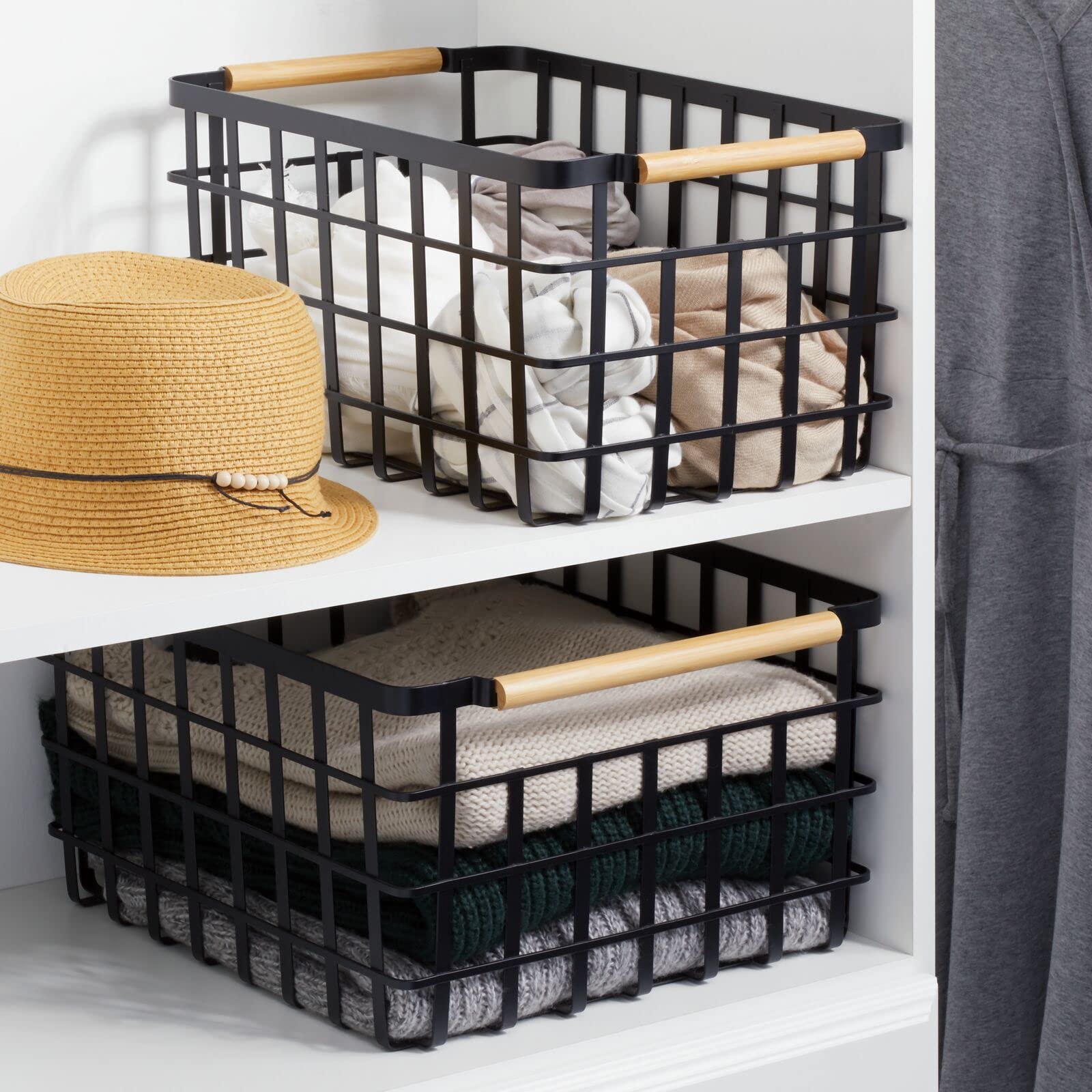 Metal Wire Storage Basket with Bamboo Handles - Square Organizer for Closet, Shelves, Linens, Blankets & Accessories | Yami Collection in Matte Black/Natural | Perfect for Bedroom, Bathroom & Entryway Organization