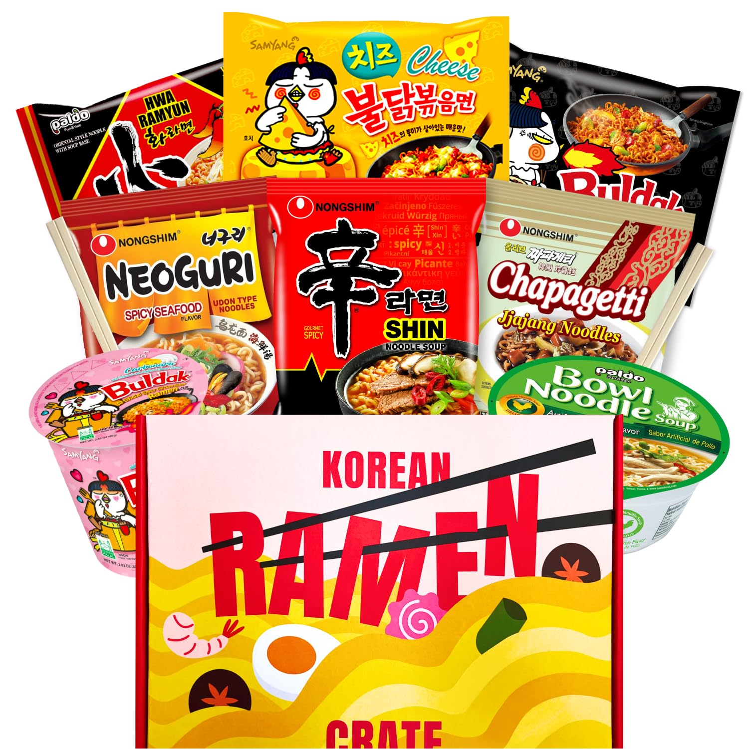 Journey of Asia Ramen Box - 8 Authentic Korean Instant Noodles + 2 Chopsticks | Asian Food Gift Box | Spicy Fire Noodle Challenge Kit | Perfect for Ramen Lovers, Foodies & Gift Giving