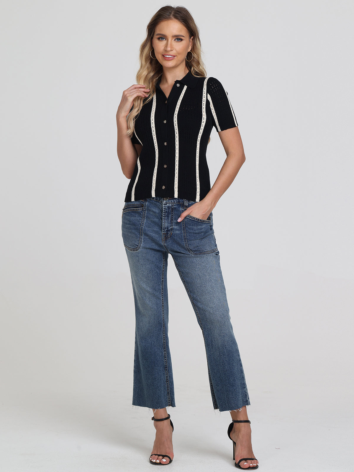 Jada Women's Stripe Polo Button Down Shirt - Casual & Office Wear - Perfect for Work, Business, and Everyday Outfits