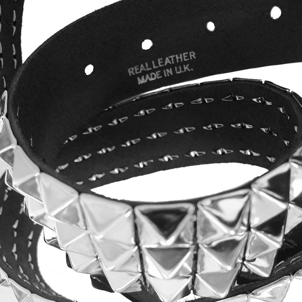 Men's 3 Row Pyramid Studded Black Leather Belt - Adjustable Size S (30-32