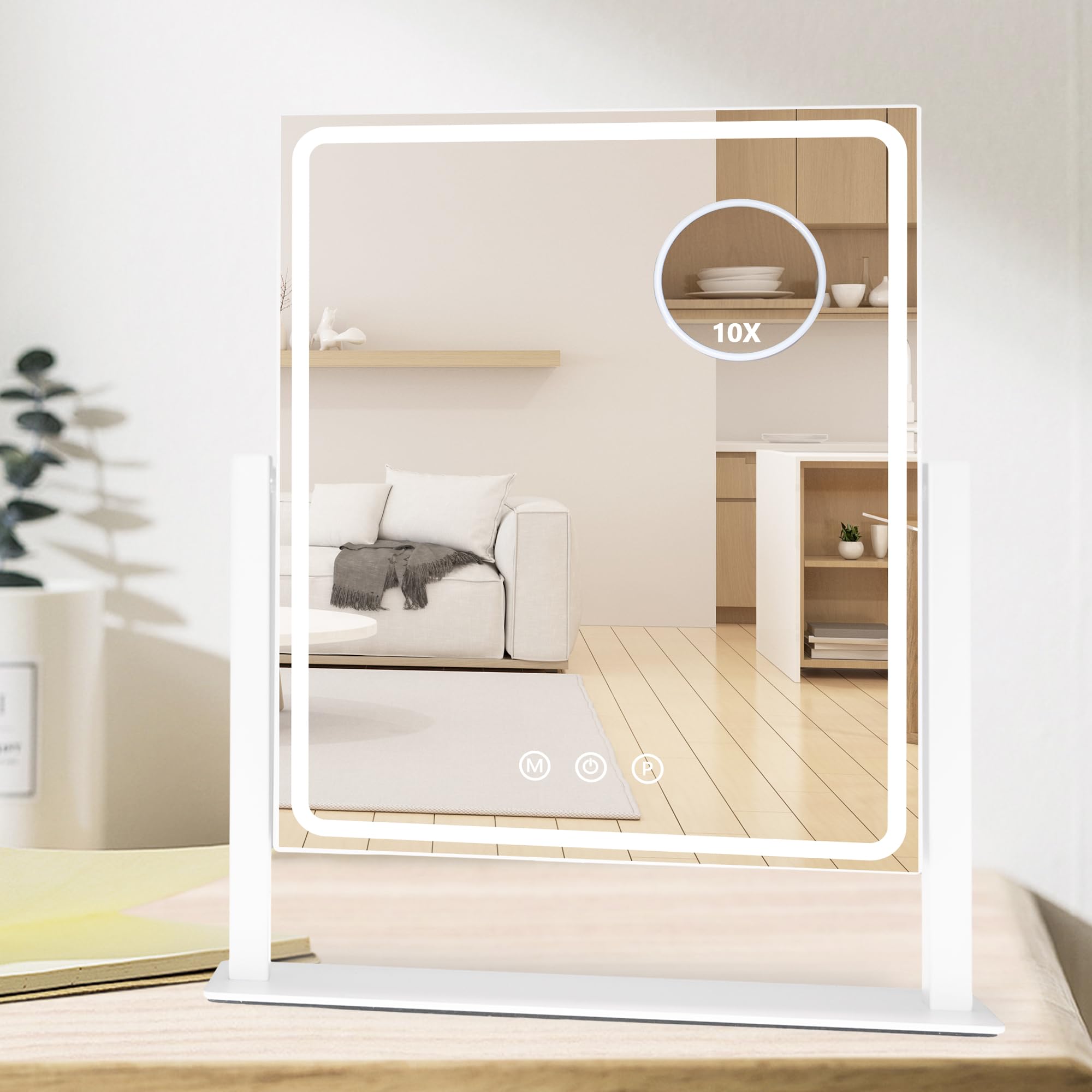 Hollywood Vanity Mirror with LED Lights - 10X Magnification Detachable Mirror, 3 Color Modes, 1200mAh Rechargeable Standing Makeup Mirror (White) - Perfect for Home Dressing Room, Professional Salon & Travel Beauty Kit