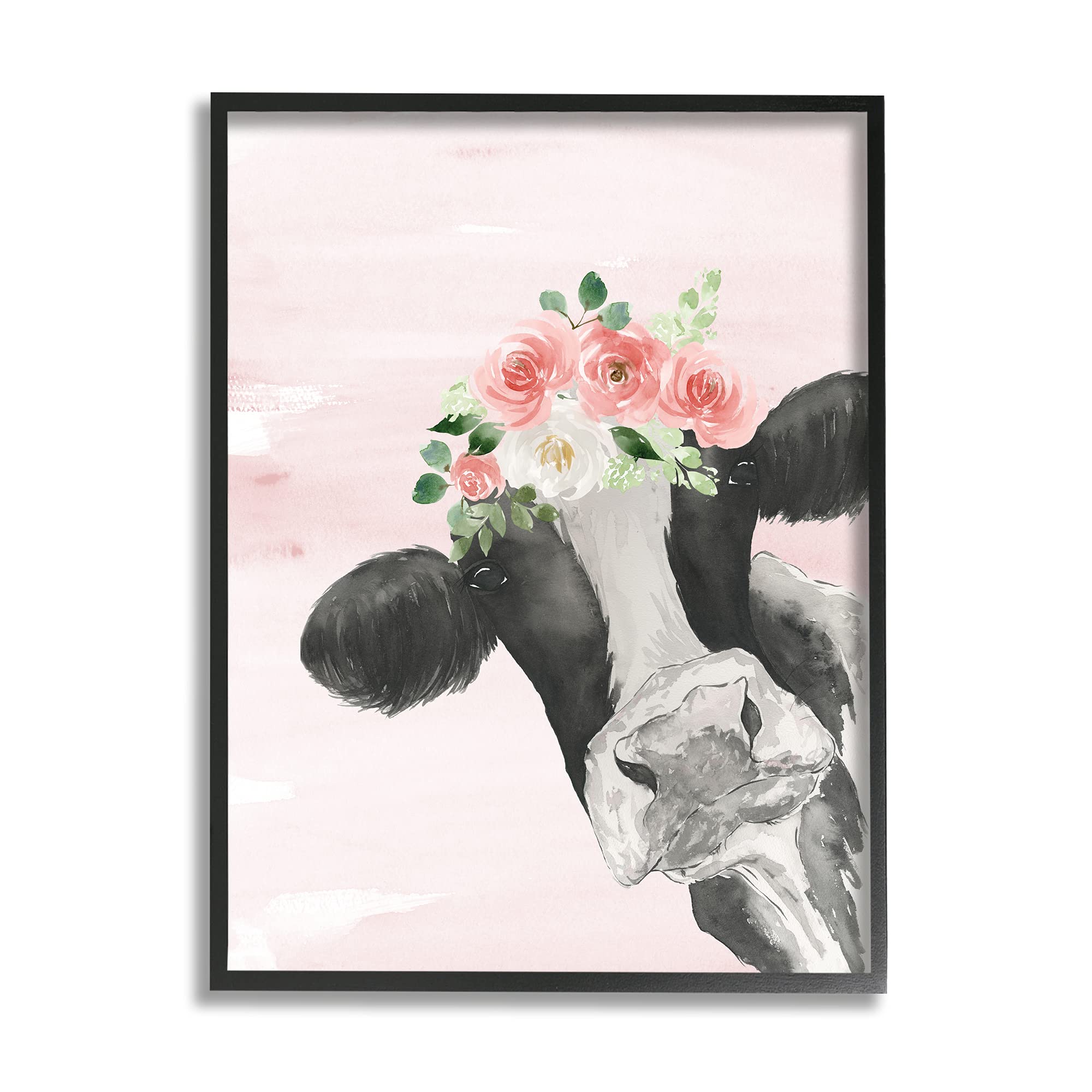 Stupell Industries Dairy Farm Cow Watercolor Portrait with Pink Floral Crown - Black Framed Wall Art 16