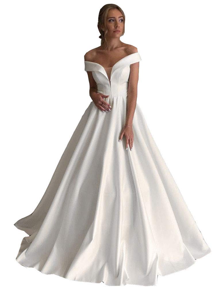 Elegant Ivory Satin Off Shoulder Wedding Dress for Women - A-Line Long Prom Gown for Bridal, Formal Events & Special Occasions