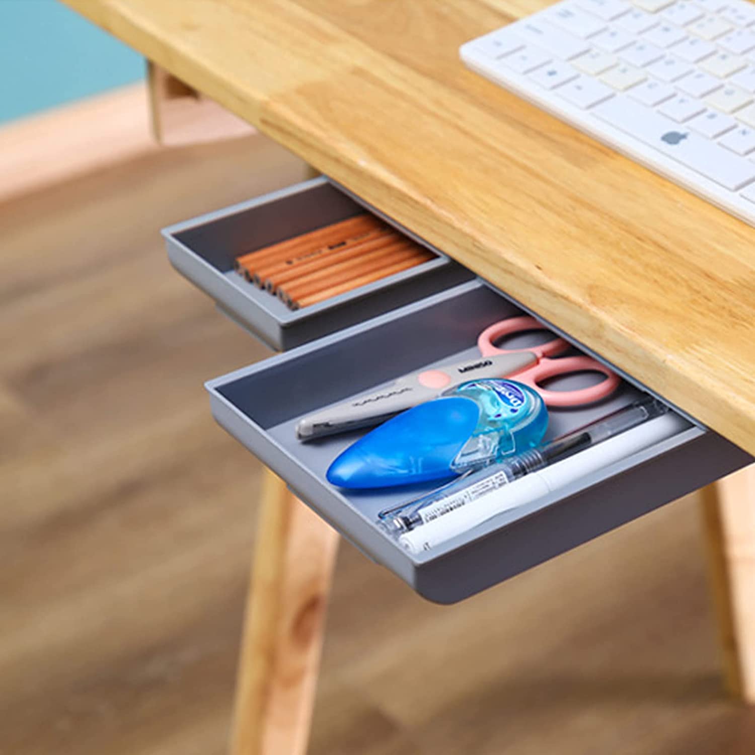 2 Pack Under Desk Storage Drawer - Hidden Workspace Organizer for Phone, Pens, Pencils, Keys & Cutlery | Space-Saving Desk Drawer Attachment (Grey) - Perfect for Home Office, Study & Workspace Organization