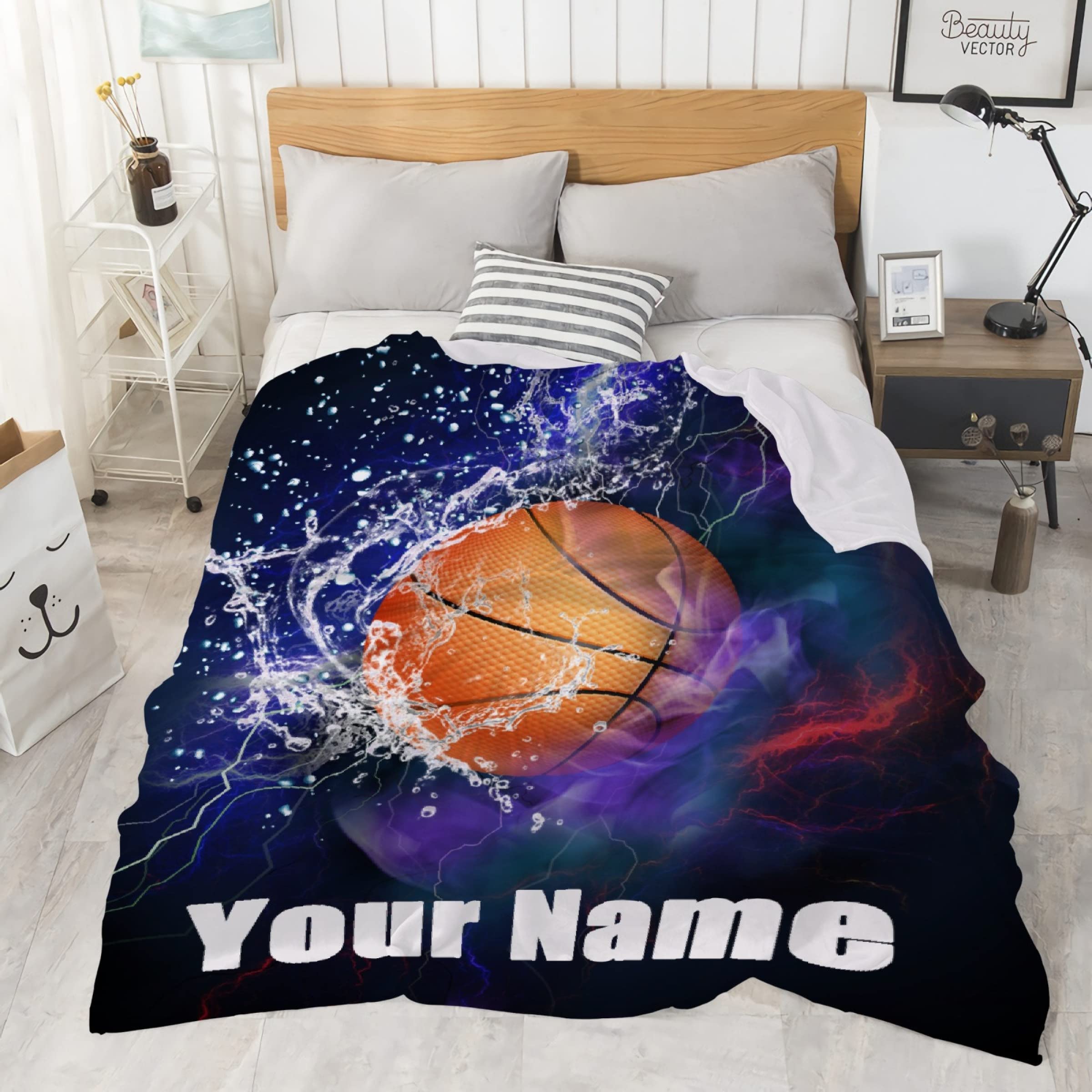 AMITAYUS Personalized Basketball Throw Blanket - Custom Name Fleece Blanket for Men, Boys & Sports Fans - Cozy Flannel Gift for Boyfriend, Birthday & Game Nights - Perfect for Bedroom, Sofa & Basketball Watching