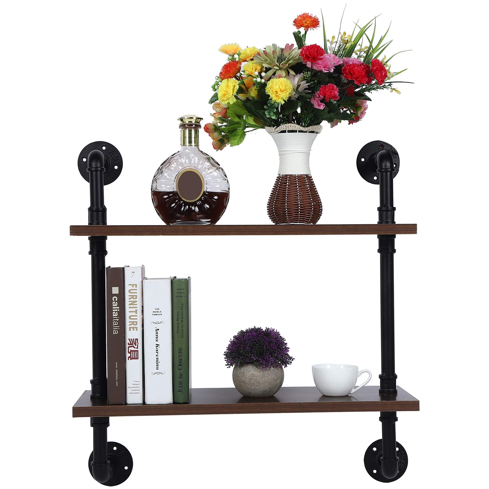 TOPINCN 2-Tier Wall Mounted Floating Shelves - Industrial Pipe Design Rustic Bookshelves for Home, Kitchen, Office - Space Saving Storage Solution for Decor, Books & Kitchenware