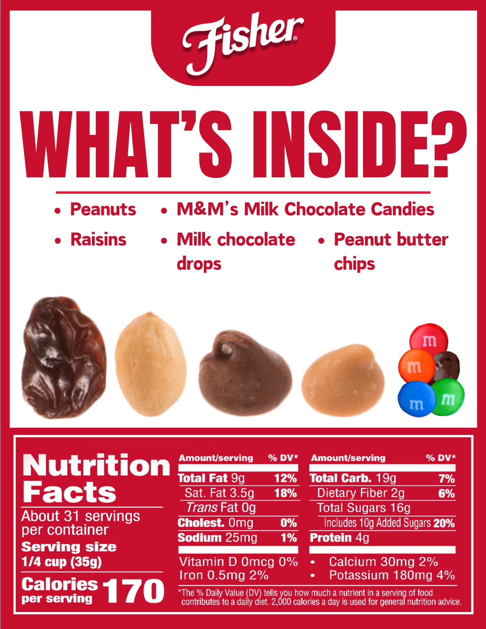 Fisher Snack Indulgent Trail Mix - 38oz Bulk Snacks with Peanuts, Milk Chocolate Candies, Raisins & Peanut Butter Chips | High Protein Energy Snack for Hiking, Camping, Office & Road Trips