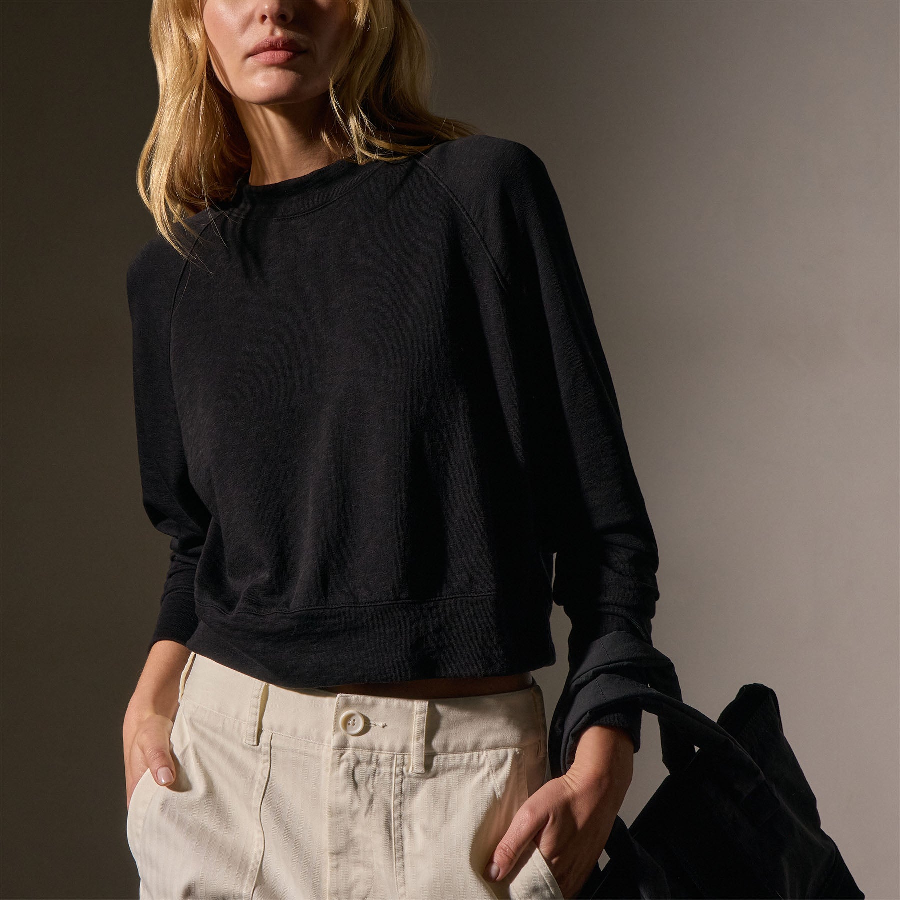 French Terry Cropped Mock Neck Long Sleeve T-Shirt for Women - Soft Stretchy Black Top for Casual Wear, Lounge & Layering