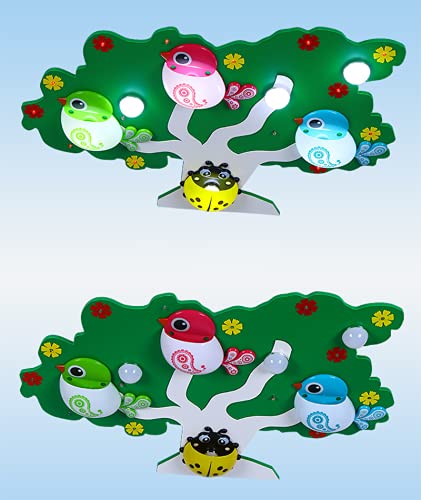 LITFAD Cartoon Bird & Tree Flush Mount LED Ceiling Light - Green Resin Kids Bedroom Lighting, Modern Nursery & Kindergarten Pendant Lamp - Perfect for Children's Rooms, Playrooms & Daycare Centers