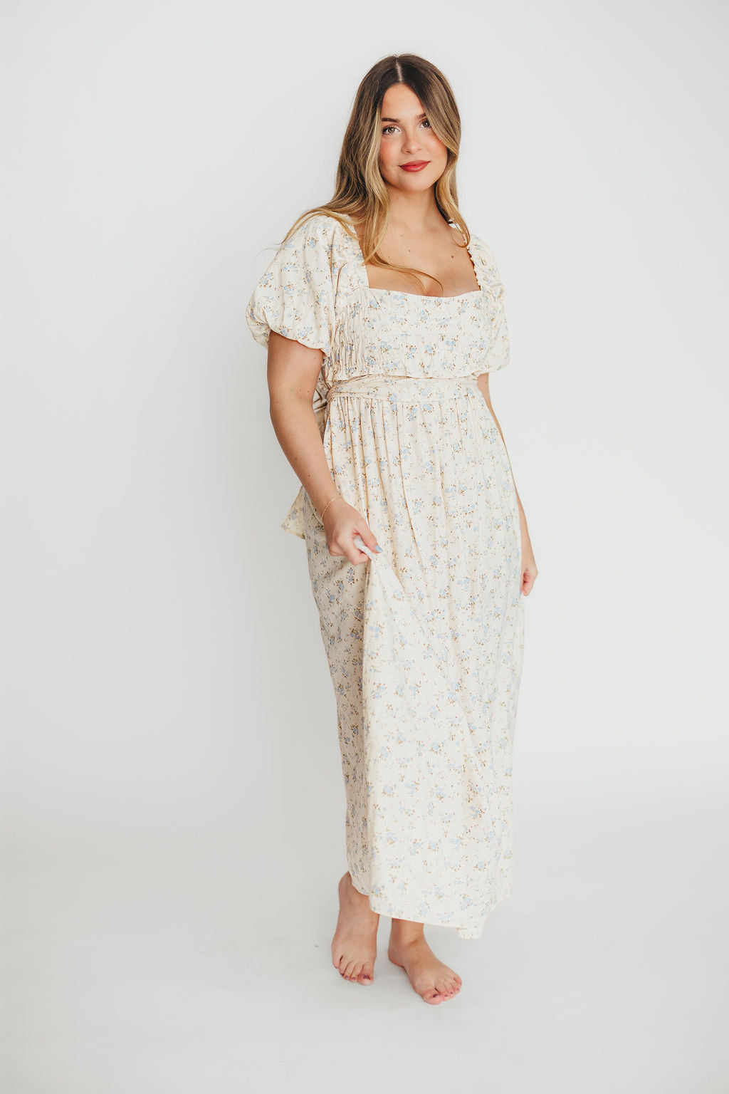 Finley 100% Cotton Peplum Midi Dress - Ivory & Blue - Bump & Nursing Friendly Maternity Dress for Pregnancy & Breastfeeding | Perfect for Casual Outings, Baby Showers & Nursing Dates