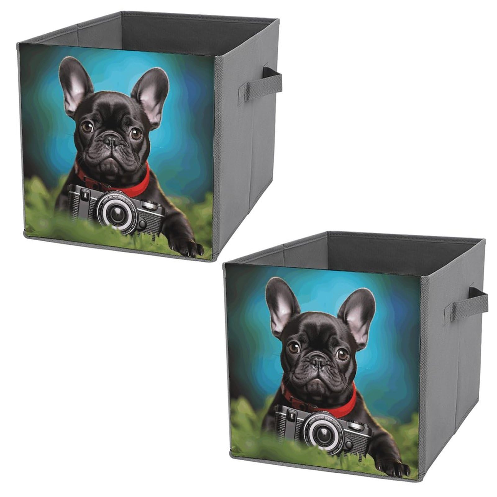 Collapsible Storage Bins 2-Pack - Stackable Foldable Storage Containers with Handles, French Bulldog Design - Home Organization Cube Baskets for Closet, Nursery, Office & Laundry Room Storage Solutions