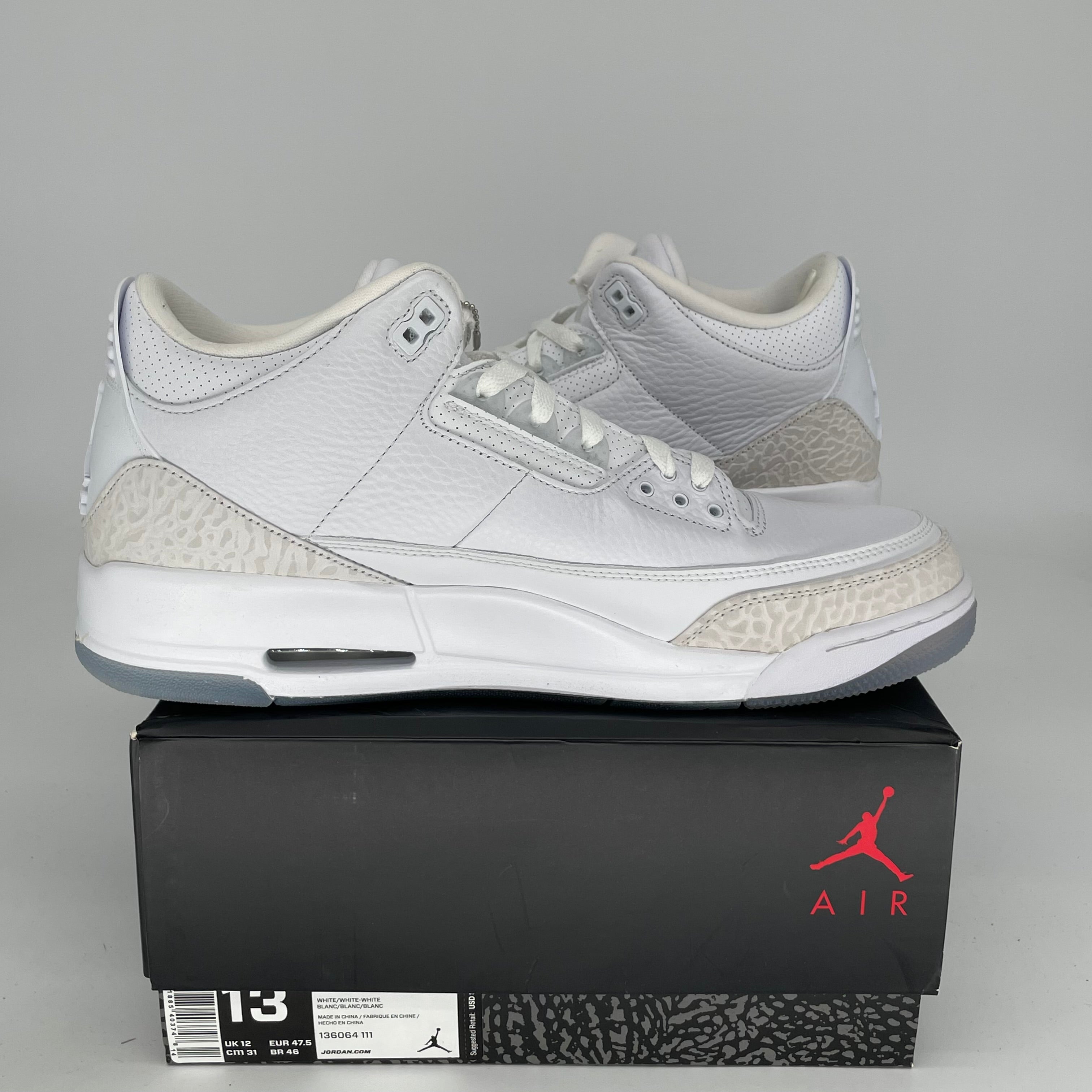 AIR JORDAN 3 RETRO PURE WHITE MEN'S BASKETBALL SHOES SIZE 13 (136064-111) - Perfect for Sneaker Collectors & Streetwear Fashion