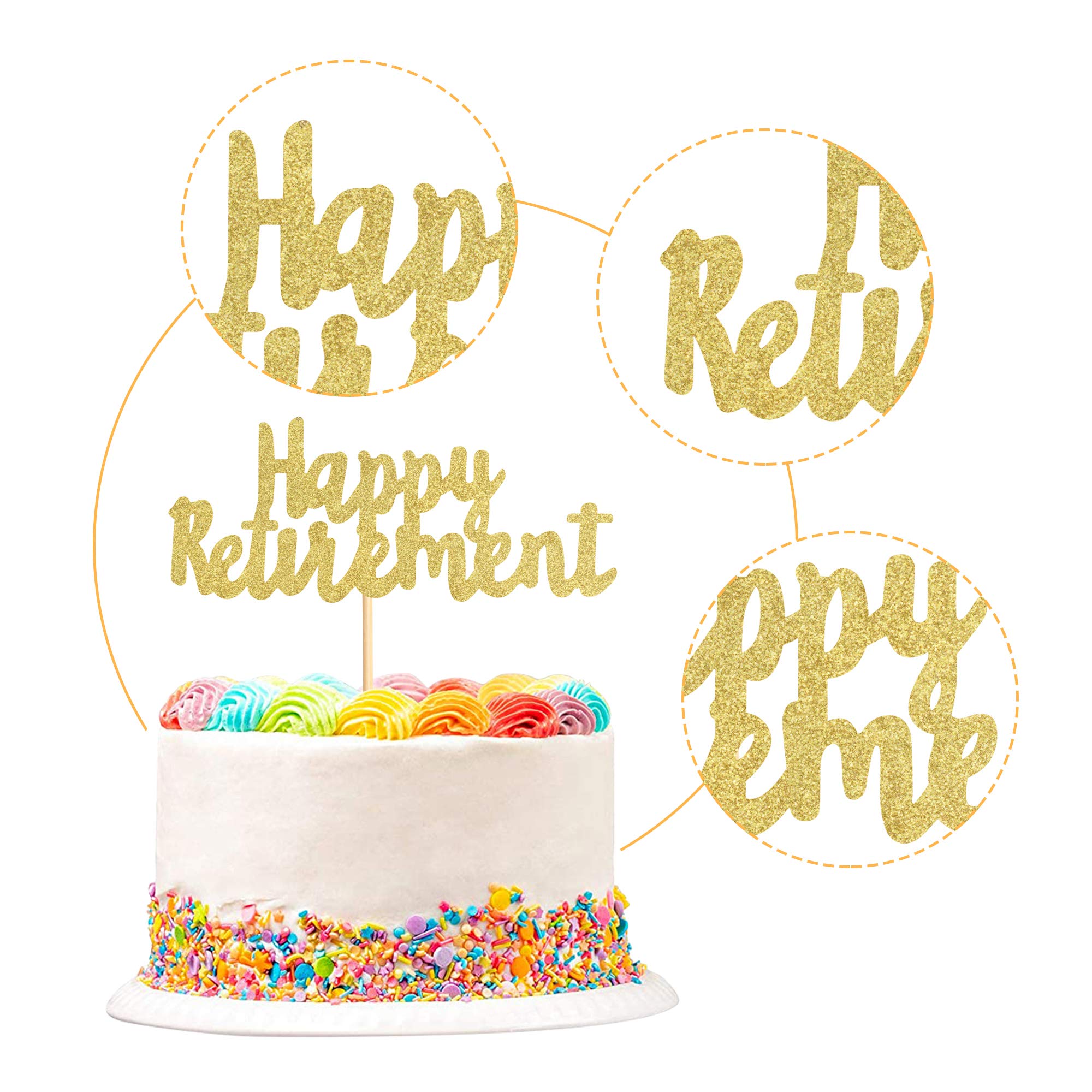 1Pack Gold Glitter Happy Retirement Cake Topper - Elegant Cake Decoration Picks for Retirement Party, Birthday, Celebration - Perfect for Retirement Cakes, Cupcakes, and Dessert Table Decor