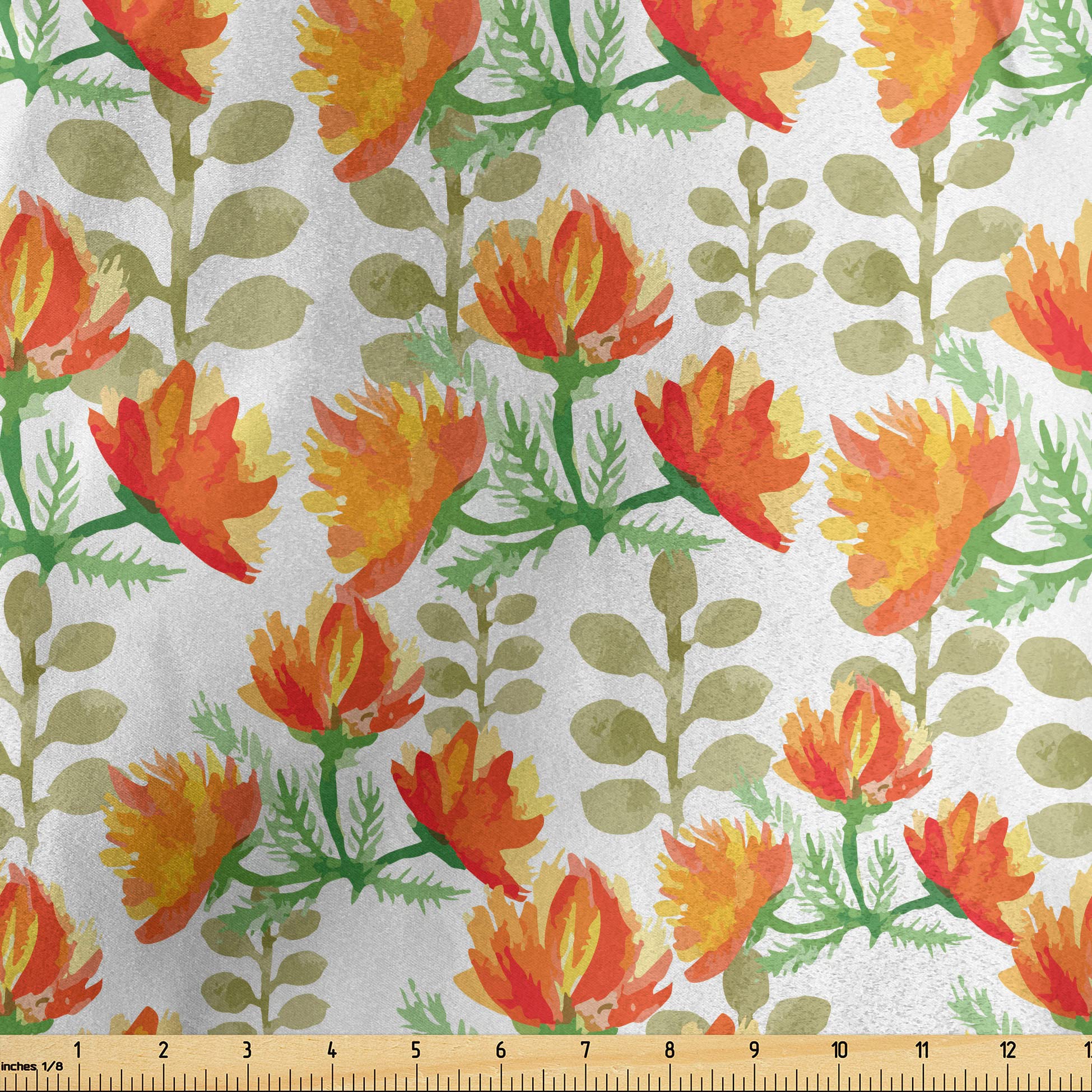 Ambesonne Floral Fabric by The Yard - Charming Blossom Garden Watercolor Print Satin Fabric for Home Decor, DIY Crafts, Upholstery & Sewing Projects | Spring Branches Design in Forest Green & Vermilion | Perfect for Curtains, Pillows & Table Runners