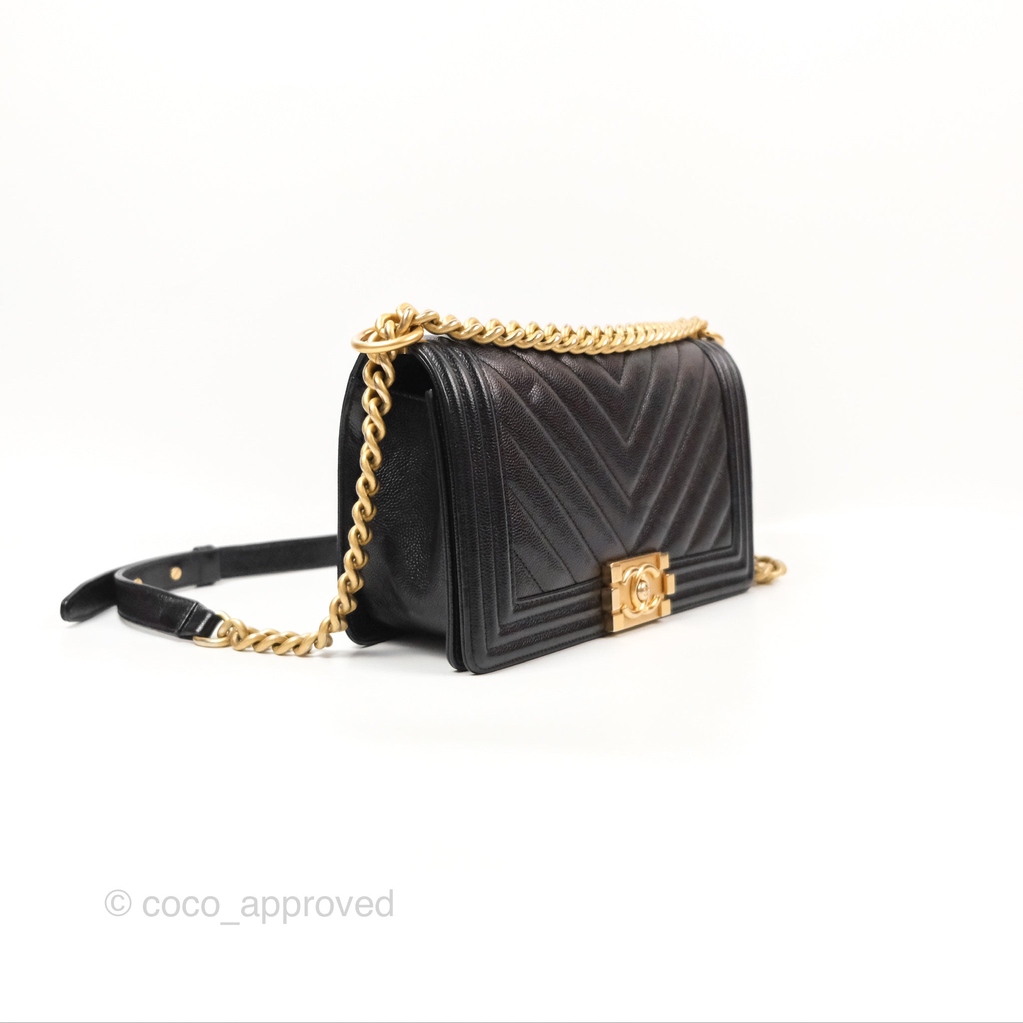 Chanel Chevron Medium Boy Bag in Black Caviar Leather with Aged Gold Hardware - Luxury Crossbody Bag for Women, Perfect for Evening Events & Parties