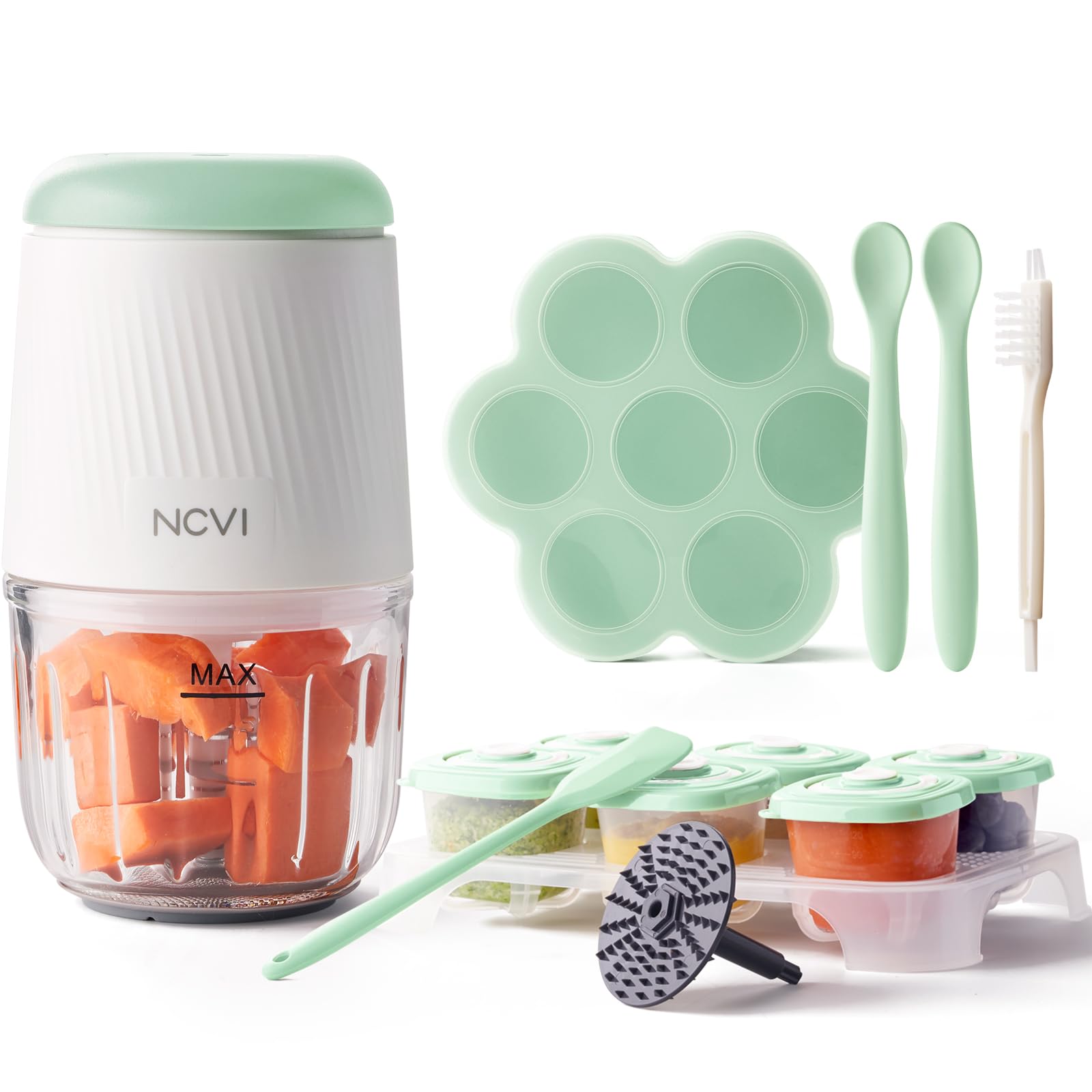 NCVI Baby Food Maker - Glass Blender with 8 Blades & Grinding Disc, Mini Food Processor Set Includes Storage Containers, Silicone Tray & Baby Utensils (Green) - Perfect for Homemade Purees & Toddler Meals